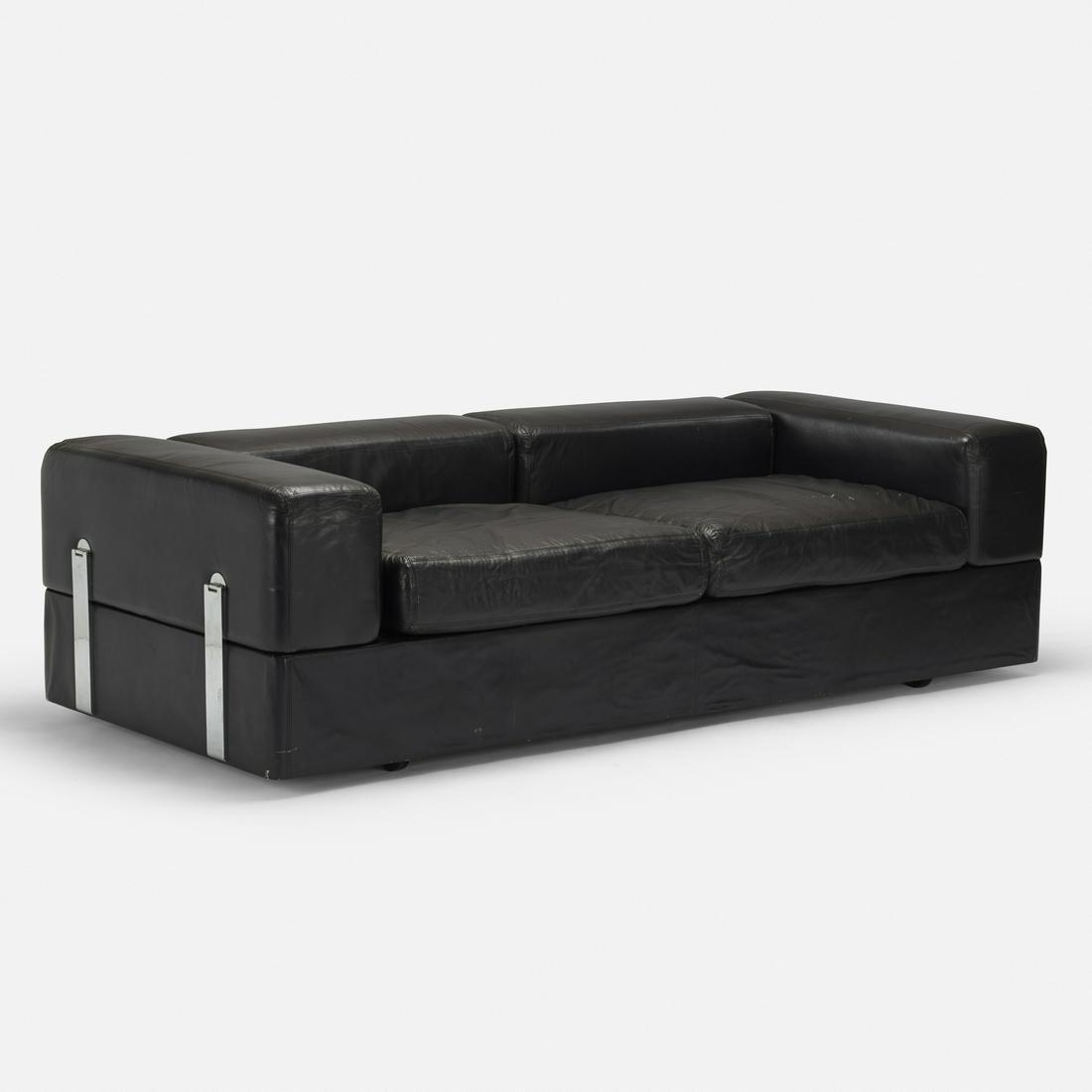 Tito Agnoli, sofa: Tito Agnoli sofa Stendig Italy / USA, c. 1968 leather over foam, chrome-plated brass 78 w × 34 d × 22 h in (198 × 86 × 56 cm) Sofa converts to a single bed.