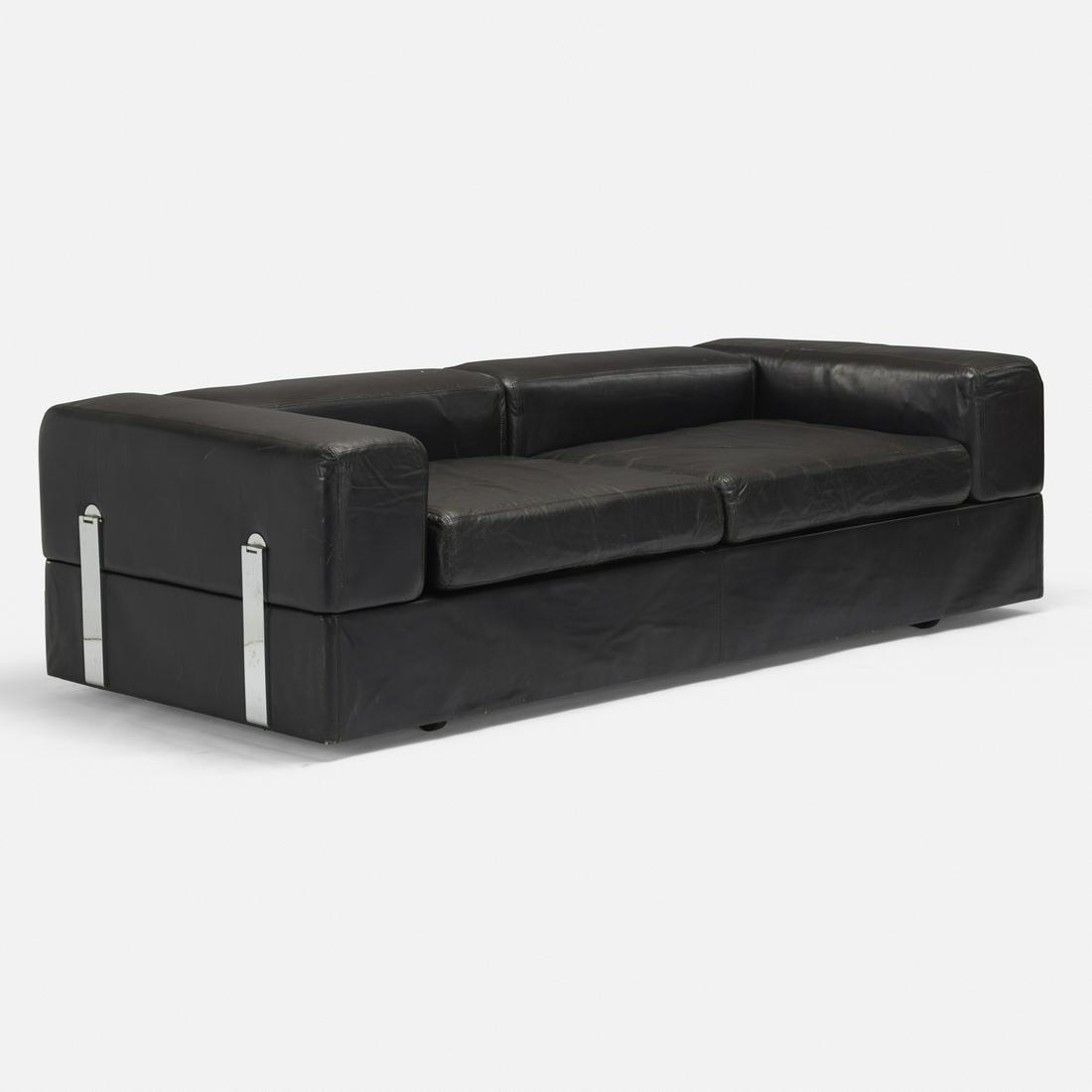 Tito Agnoli, sofa: Tito Agnoli sofa Stendig Italy / USA, c. 1968 leather over foam, chrome-plated brass 78 w × 34 d × 22 h in (198 × 86 × 56 cm) Sofa converts to a single bed.