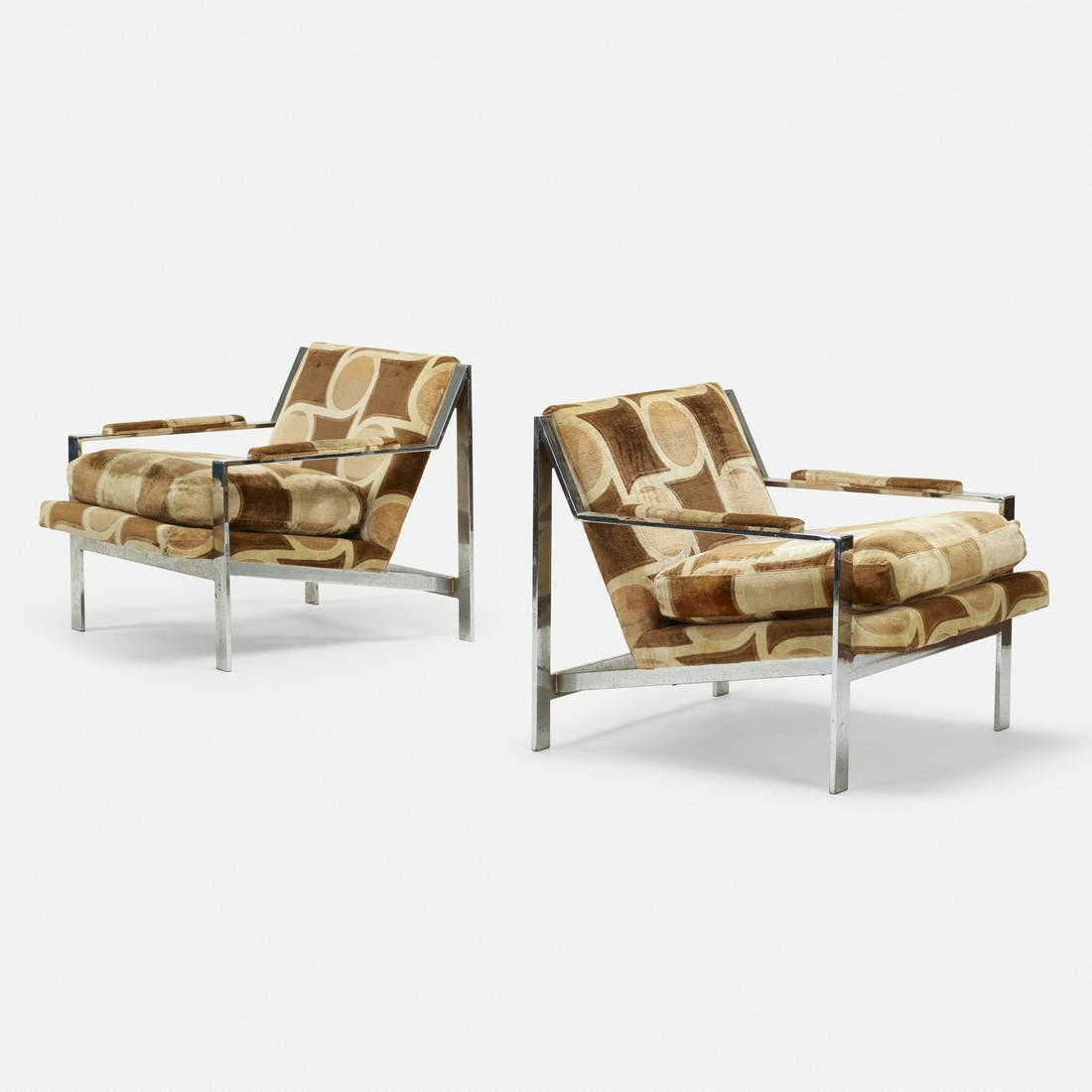 Cy Mann, lounge chairs, pair: Cy Mann lounge chairs, pair USA, c. 1975chrome-plated steel, upholstery29.25 w × 33 d × 27.75 h in (74 × 84 × 70 cm)