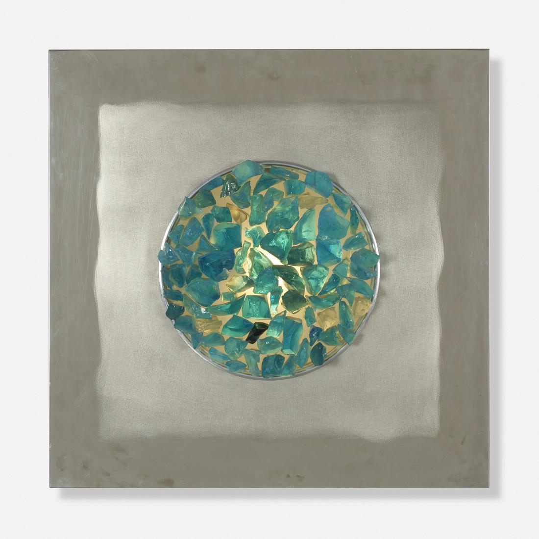 Angelo Brotto, Oceano Blu wall light: Angelo Brotto Oceano Blu wall light EsperiaItaly, 1973stainless steel, Murano glass31.5 w × 8.5 d × 31.5 h in (80 × 22 × 80 cm) Incised signature and date to lower r