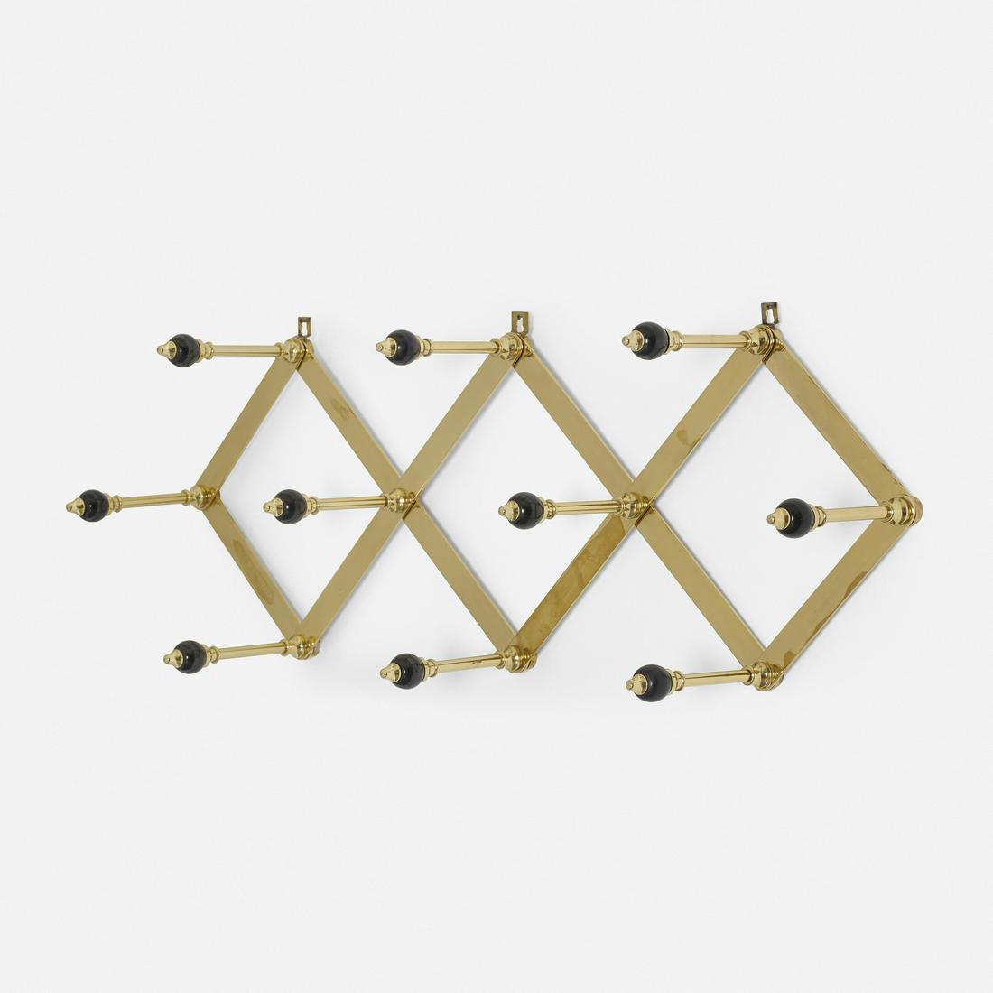 Luigi Caccia Dominioni, coat rack: Luigi Caccia Dominioni coat rack AzucenaItaly, c. 1950brass, enameled brass, plastic30 w × 6.5 d × 12 h in (76 × 17 × 30 cm)