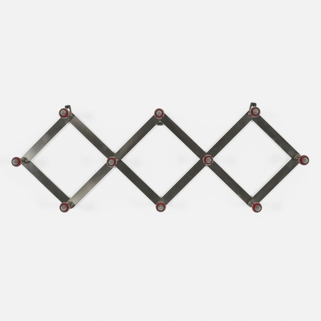 Luigi Caccia Dominioni, coat rack: Luigi Caccia Dominioni coat rack AzucenaItaly, c. 1950enameled brass, plastic30 w × 6.5 d × 12 h in (76 × 17 × 30 cm)