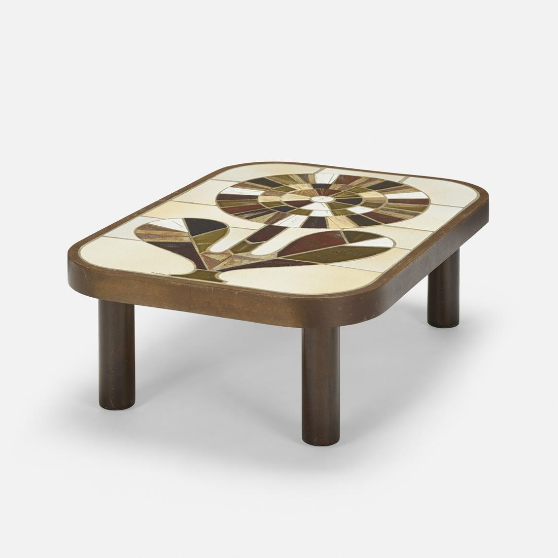 Roger Capron, coffee table: Roger Capron coffee table VallaurisFrance, c. 1965glazed stoneware, laminated and stained beech38.5 w × 26.75 d × 12.75 h in (98 × 68 × 32 cm) Glazed signature to to