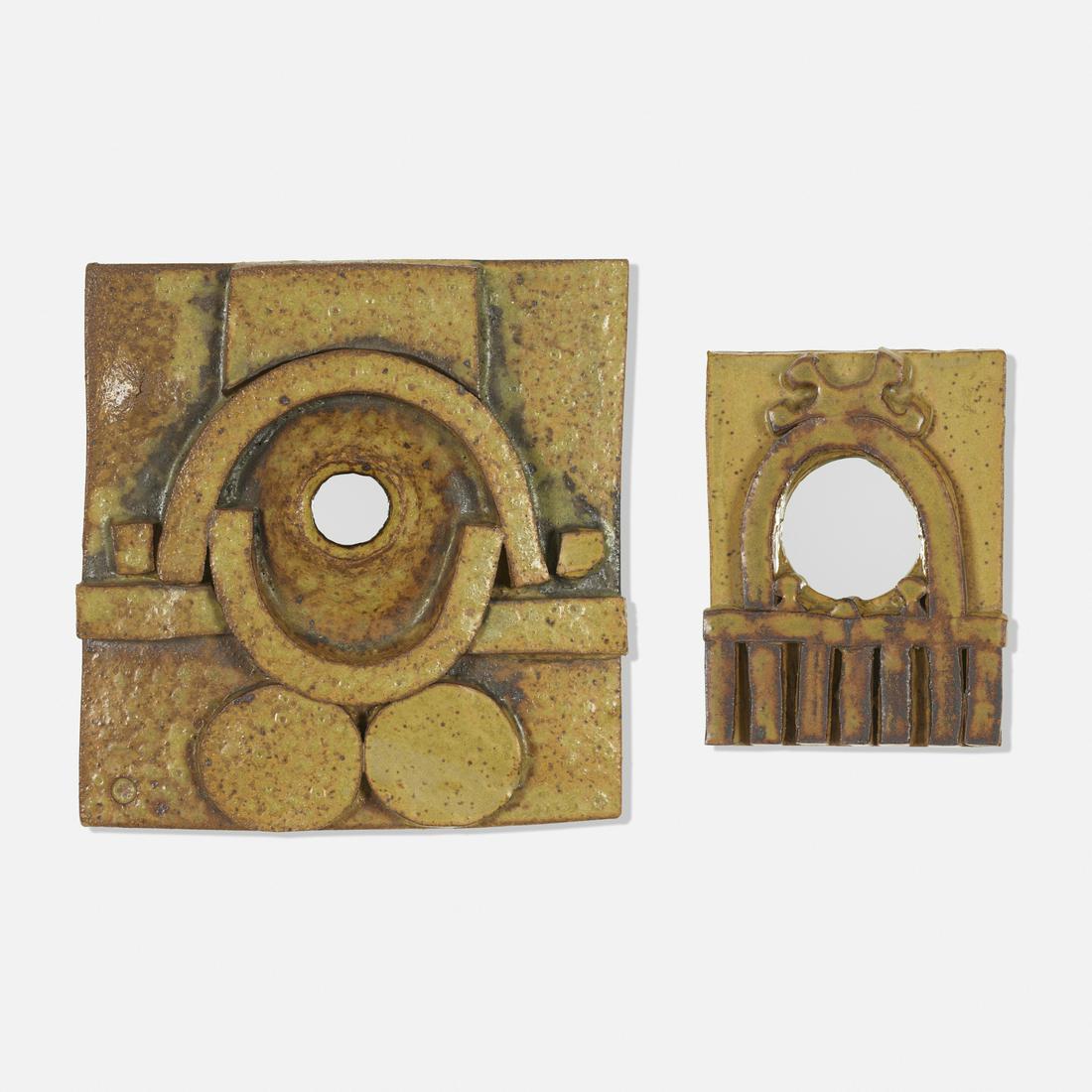 Michael Cohen, wall mirrors, set of two: Michael Cohen wall mirrors, set of two USA, c. 1965 glazed earthenware, mirrored glass 10.5 w × 1.5 d × 11 h in (27 × 4 × 28 cm) Additional example measures: 5.5 w x 1.25 d