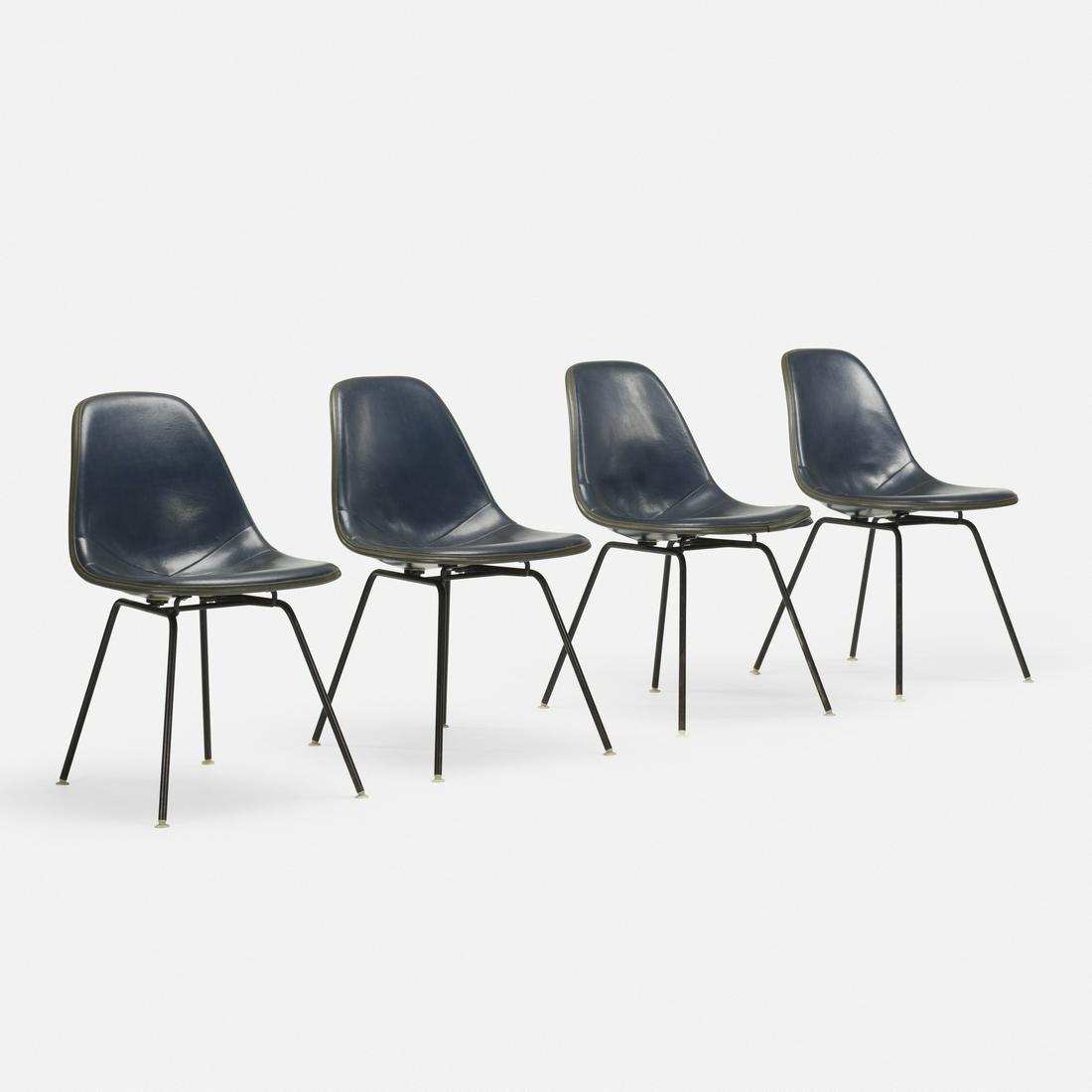 Charles and Ray Eames, DSXs, set of four: Charles and Ray Eames DSXs, set of four Herman Miller USA, 1950 molded fiberglass, vinyl, enameled steel, rubber, plastic 18.5 w × 22.25 d × 31.25 h in (47 × 57 × 79 cm)