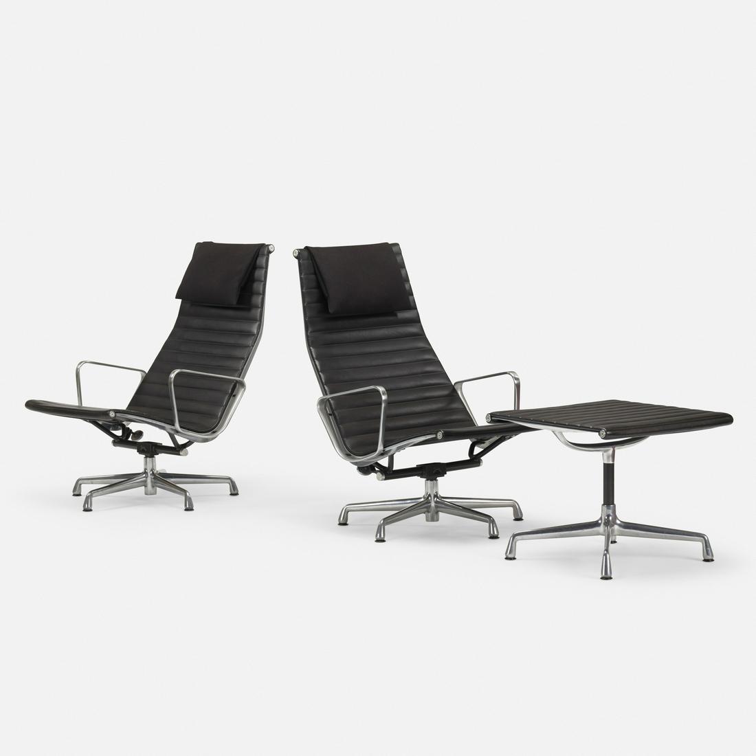 Eames, Aluminum Group lounge chairs and ottoman: Charles and Ray Eames Aluminum Group lounge chairs, pair and ottoman Herman Miller USA, 1958 / 1996 cast aluminum, leather, enameled steel, plastic, upholstery 25.5 w × 32 d × 37 h in (65