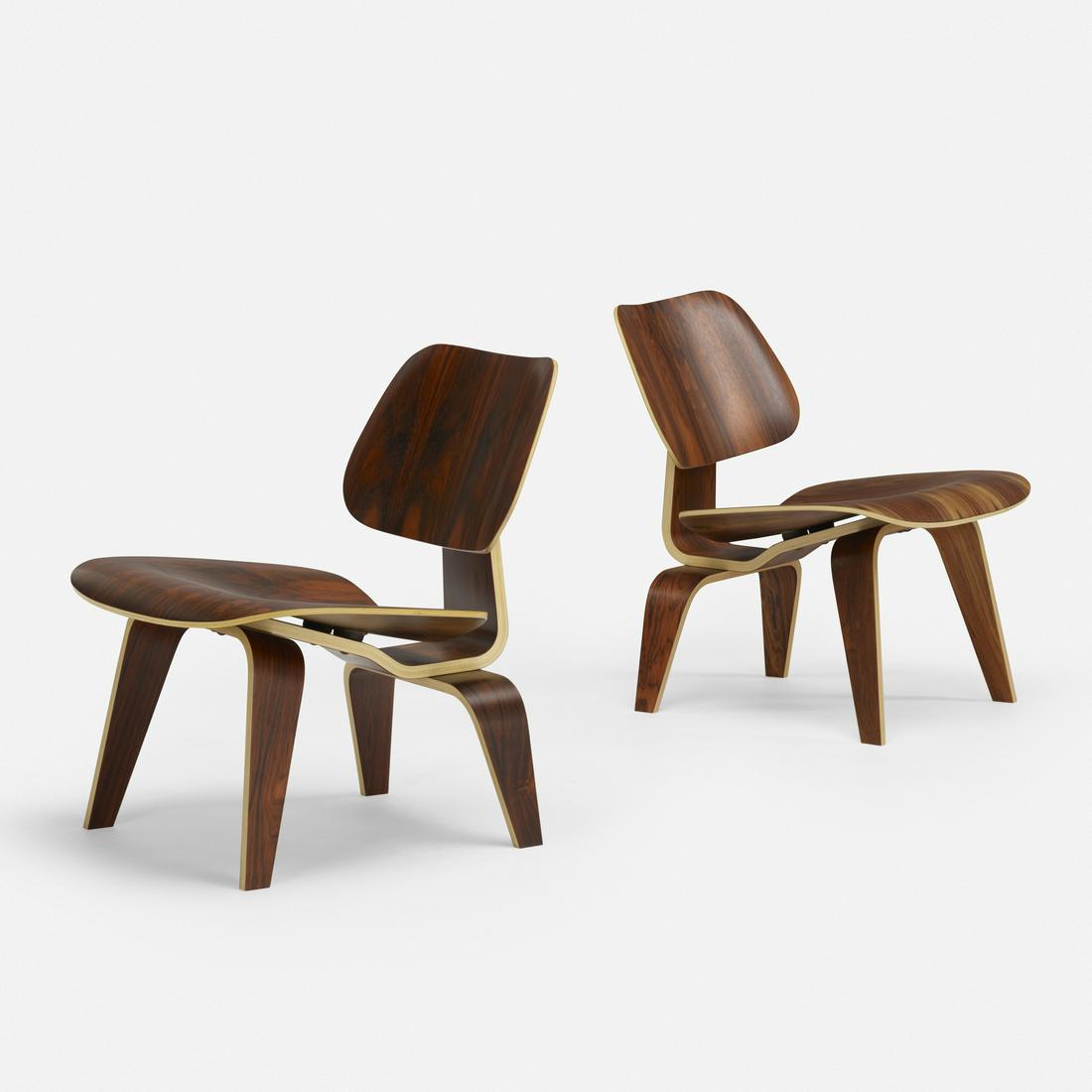 Charles and Ray Eames, 50th Anniversary LCWs, pair: Charles and Ray Eames 50th Anniversary LCWs, pair Herman Miller USA, 1946 / 1966 molded rosewood plywood, rubber 22 w × 25 d × 26.5 h in (56 × 63 × 67 cm) Applied brass