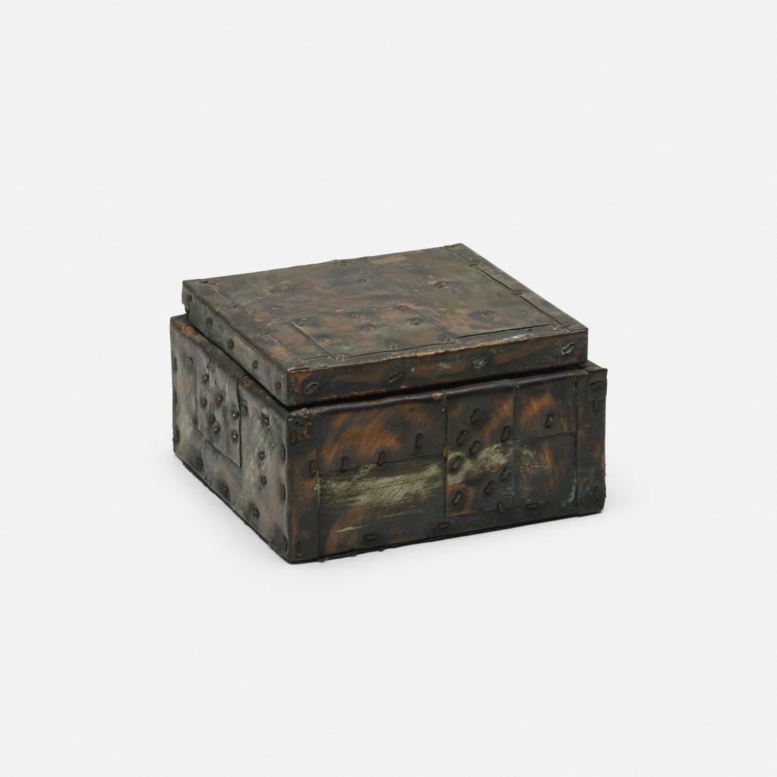 Paul Evans, lidded box: Paul Evans lidded box Paul Evans StudioUSA, c. 1965patinated copper, steel and brass6 w × 6 d × 3.5 h in (15 × 15 × 9 cm) Stamped manufacturer's mark to underside ‘C