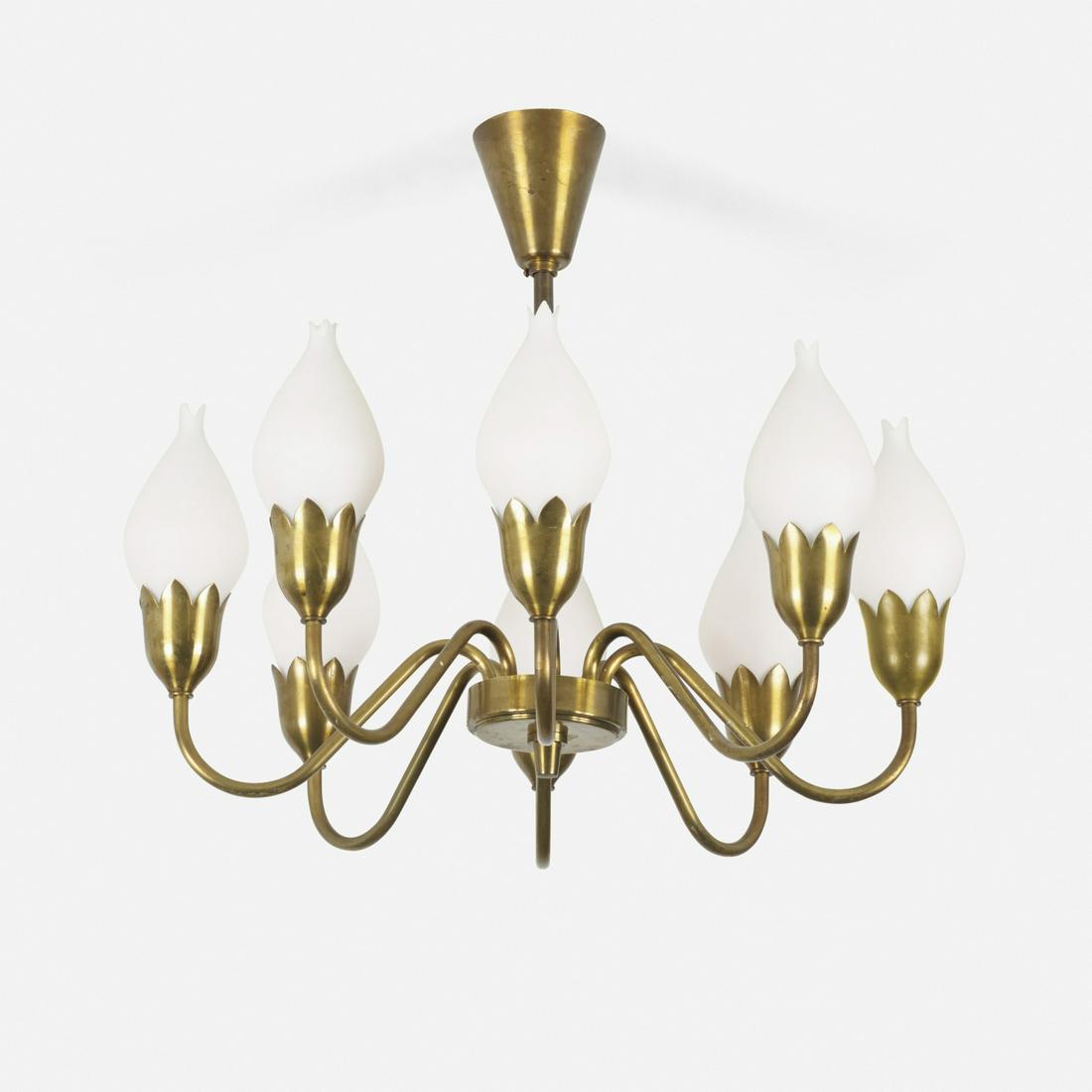 Ansgar Fog and E. Morup, Tulip chandelier: Ansgar Fog and E. Morup Tulip chandelier Fog & Morup Denmark, 1954 brass, frosted glass 21 dia × 16 h in (53 × 41 cm) Signed with impressed manufacturer's mark to frame 'FM'.