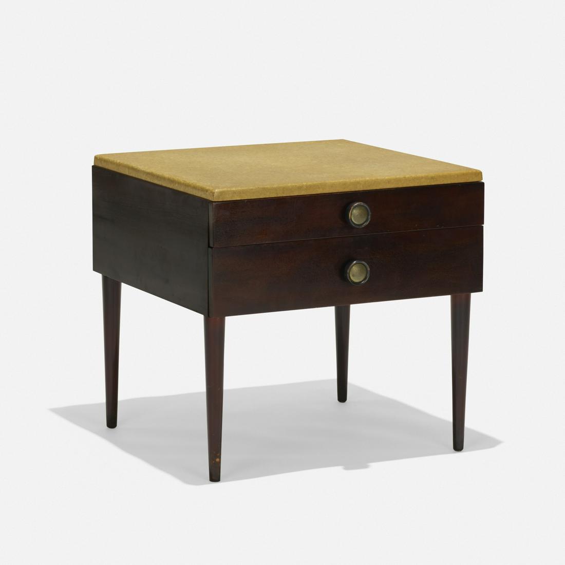 Paul Frankl, occasional table, model 1064: Paul Frankl occasional table, model 1064 Johnson Furniture Company USA, c. 1950 lacquered cork, stained mahogany, hand-hammered brass, brass 24 w × 25 d × 23 h in (61 × 63 × 58 cm) Table featu