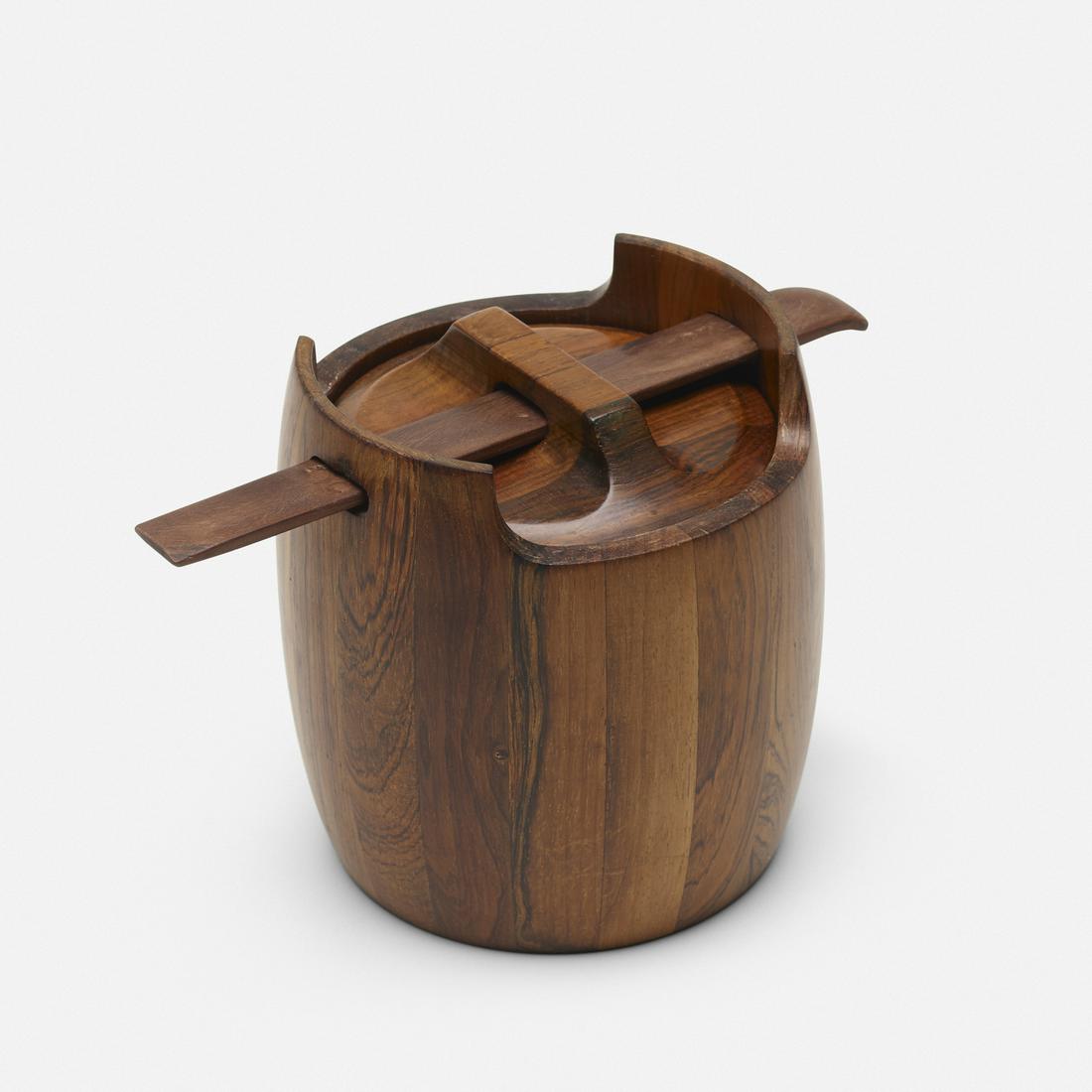 Jean Gillon, tobacco pot with spoon: Jean Gillon tobacco pot with spoon Brazil, c. 1960jacaranda8 w × 5.25 d × 5.5 h in (20 × 13 × 14 cm) Decal manufacturer's label to underside ‘Hanna Wood Art Ind. Brasileir