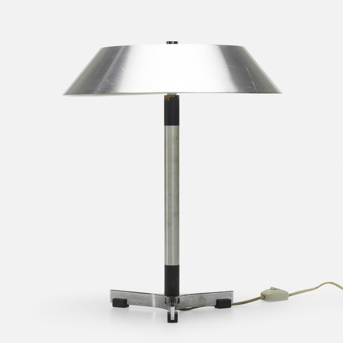 Jo Hammerborg, President table lamp: Jo Hammerborg President table lamp Fog & MorupDenmark, c. 1965aluminum, chrome-plated brass, lacquered wood14 dia × 18 h in (36 × 46 cm) Decal manufacturer's label to stem 'FM M