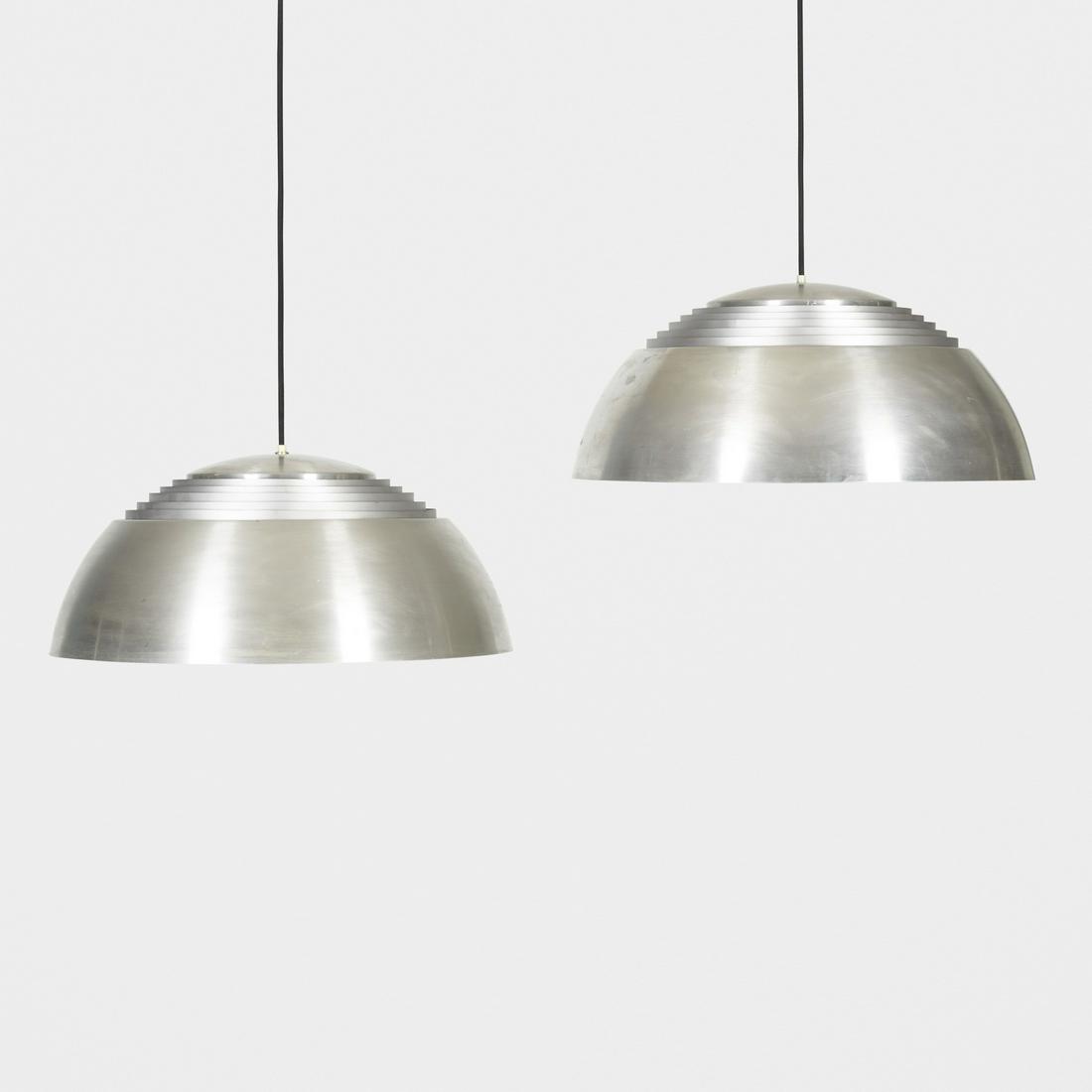 Arne Jacobsen, AJ Pendant lamps, pair: Arne Jacobsen AJ Pendant lamps, pair Louis Poulsen Denmark, 1957 aluminum, enameled aluminum 19.5 dia × 9 h in (50 × 23 cm) Height is adjustable with 72 inches of cord.