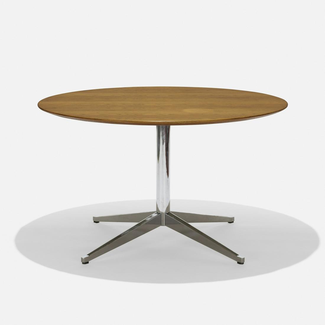 Florence Knoll, dining table: Florence Knoll dining table Knoll International USA, c. 1965 chrome-plated steel, oak 48 dia × 28 h in (122 × 71 cm) Decal manufacturer's label to underside 'Knoll International'.