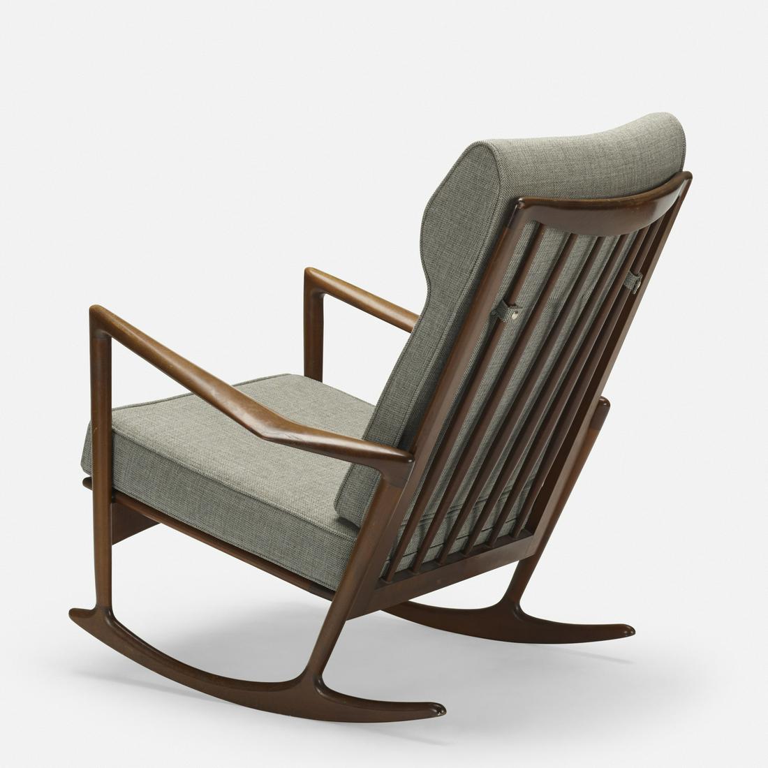 Ib Kofod-Larsen, rocker, model 650-15: Ib Kofod-Larsen rocker, model 650-15 SeligDenmark / USA, 1962stained beech, upholstery32 w × 37 d × 37 h in (81 × 94 × 94 cm) Metal disc manufacturer's label to seat