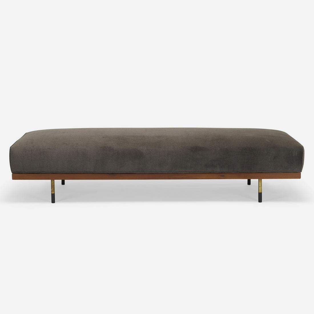 Modern, daybed: Modern daybed USA, c. 1950 upholstery, walnut, brass, enameled brass 79 w × 32 d × 16.5 h in (201 × 81 × 42 cm)