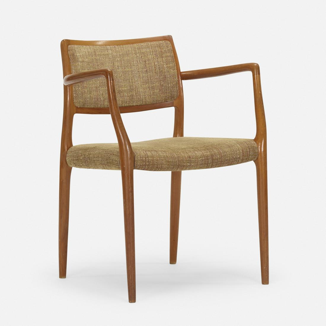 Niels O. Moller, armchair: Niels O. Moller armchair J.L. Mollers Mobelfabrik Denmark, 1976 teak, upholstery 22.5 w × 20 d × 31 h in (57 × 51 × 79 cm) Signed with branded manufacturer's mark to un