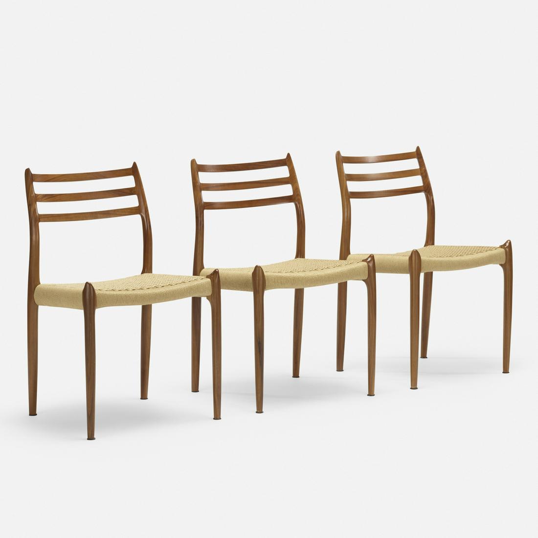 Niels O. Moller, dining chairs, set of three: Niels O. Moller dining chairs, set of three J.L. Mollers Mobelfabrik Denmark, 1972 teak, jute 19 w × 20 d × 31.75 h in (48 × 51 × 81 cm) Signed with branded manufacture