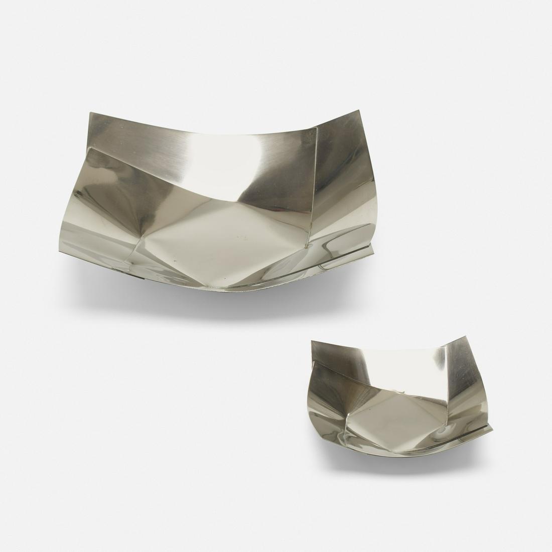 Bruno Munari, Maldive bowls, set of two: Bruno Munari Maldive bowls, set of two Danese Italy, 1960 silver-plated brass 12 w × 12 d × 3 h in (30 × 30 × 8 cm) Additional example measures: 6 w x 6 d x 1.5 h inche
