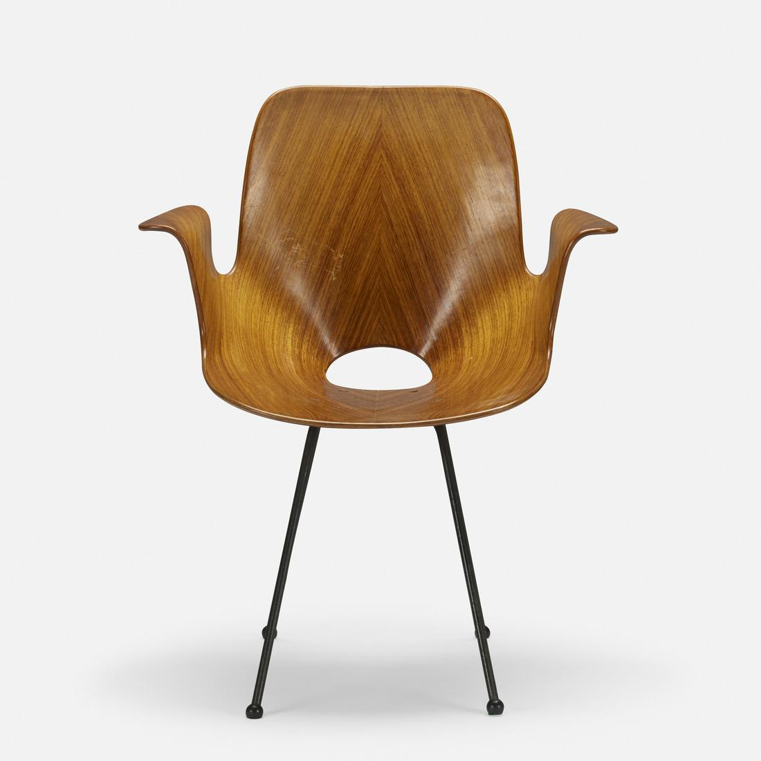 Vittorio Nobili, Medea armchair: Vittorio Nobili Medea armchair Fratelli TagliabueItaly, 1955rosewood plywood, enameled steel, rubber, brass26 w × 21 d × 32.75 h in (66 × 53 × 83 cm) Stamped manufac