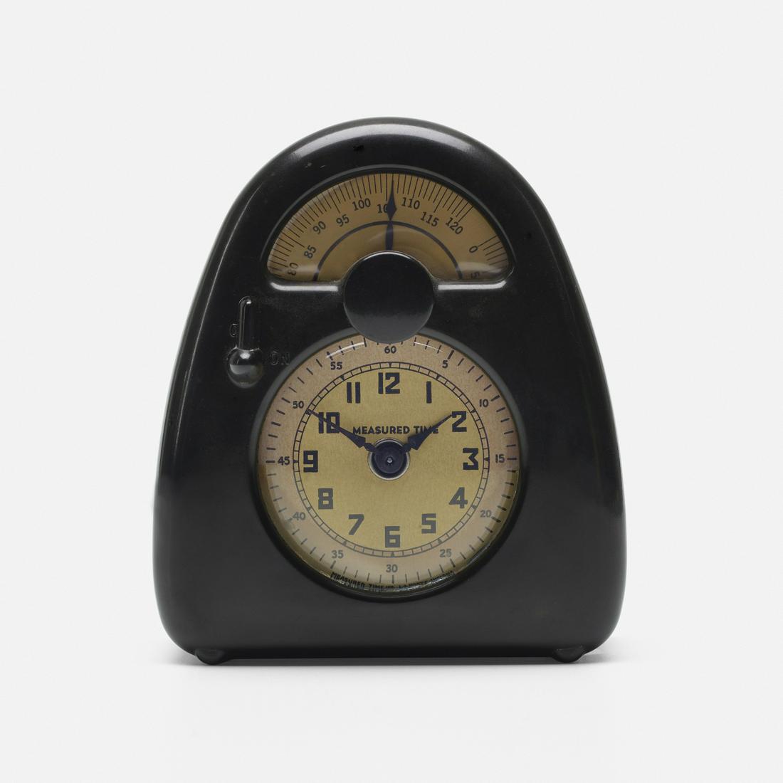 Isamu Noguchi, Measured Time clock and kitchen timer: Isamu Noguchi Measured Time clock and kitchen timer Stevenson Mfg. Co.USA, c. 1932Bakelite, glass, printed paper, enameled brass5.25 w × 3 d × 6 h in (13 × 8 × 15 cm)