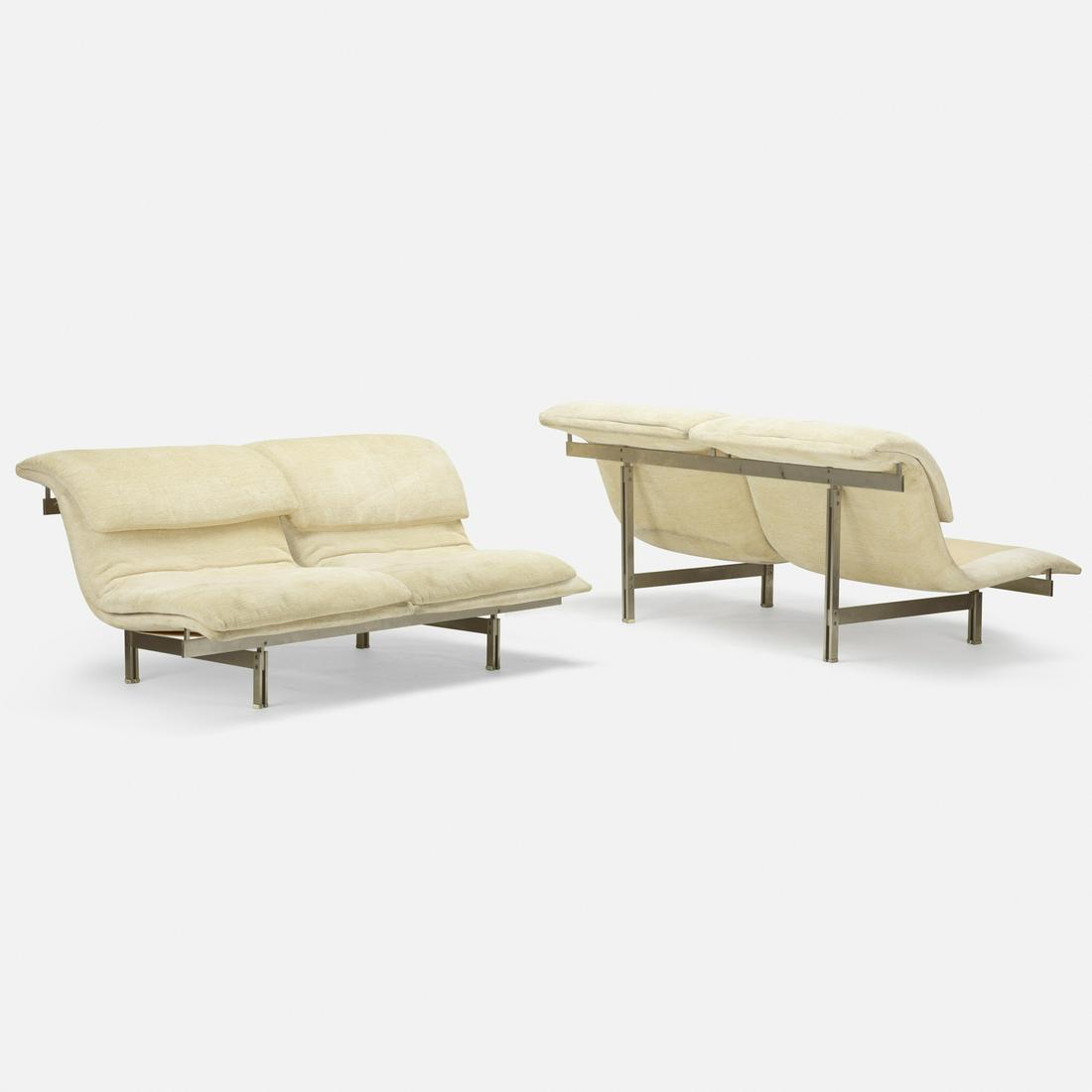 Giovanni Offredi, Wave settees, pair: Giovanni Offredi Wave settees, pair SaporitiItaly, 1981upholstery, matte chrome-plated steel64 w × 36 d × 28.5 h in (163 × 91 × 72 cm) Literature: <