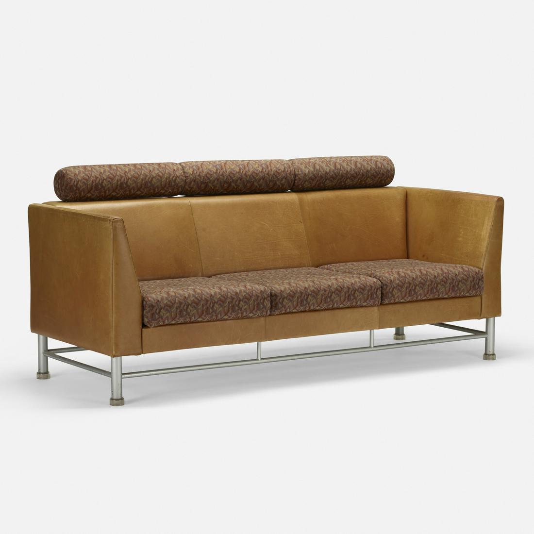 Ettore Sottsass, Eastside sofa: Ettore Sottsass Eastside sofa Knoll International Italy / USA, 1983 leather, cloth upholstery, enameled steel 75 w × 30 d × 34 h in (190 × 76 × 86 cm) Signed with manuf