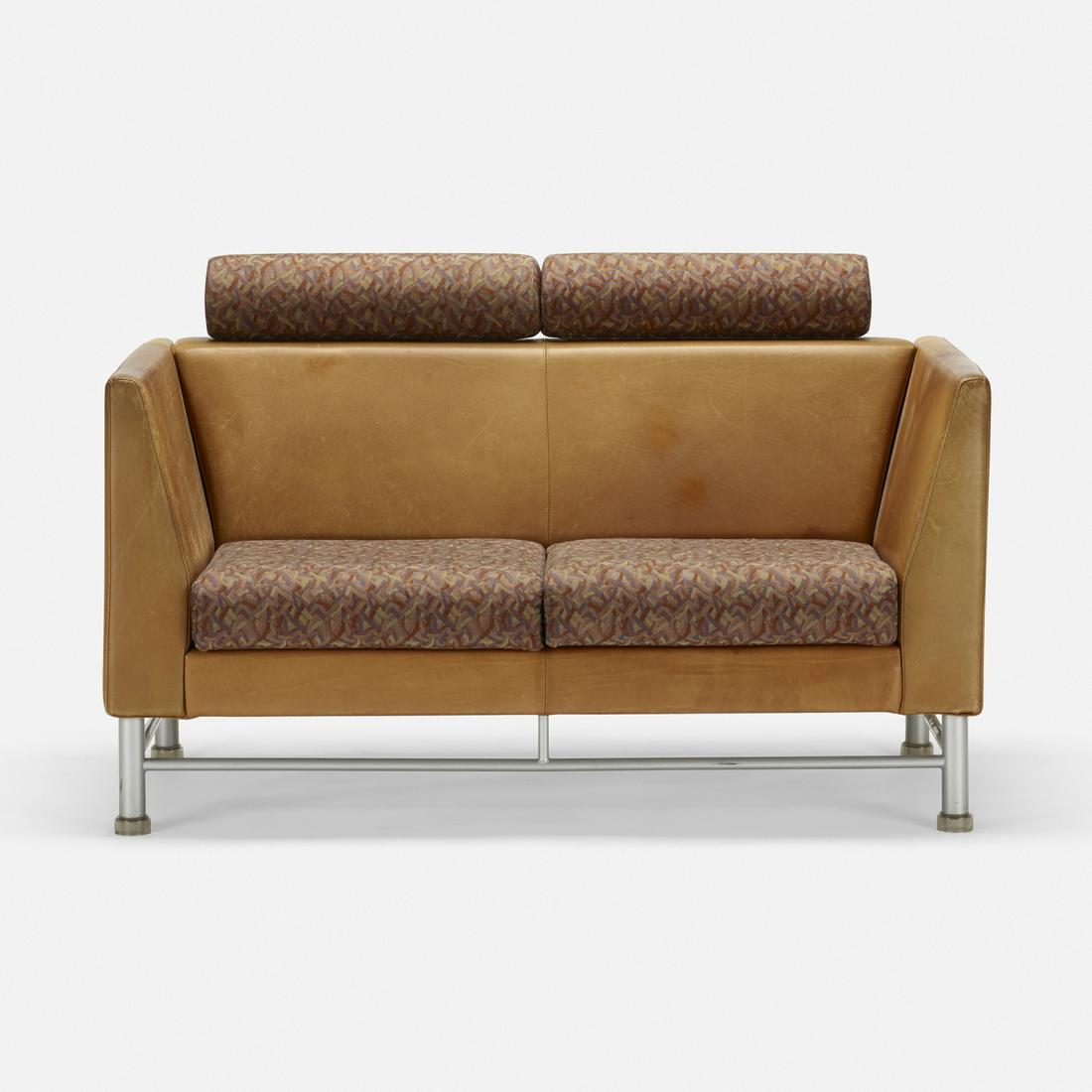 Ettore Sottsass, Eastside settee: Ettore Sottsass Eastside settee Knoll International Italy / USA, 1983 leather, cloth upholstery, enameled metal 53 w × 30 d × 34 h in (135 × 76 × 86 cm) Signed with man