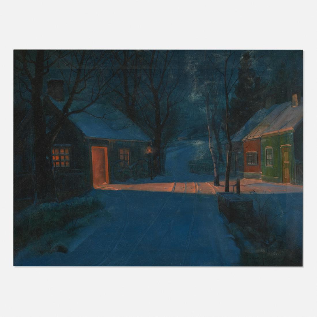 Svend Rasmussen Svendsen, Untitled (Cabins at Night): Svend Rasmussen Svendsen Untitled (Cabins at Night) c. 1910oil on canvas18 h × 24 w in (46 × 61 cm) Signed to lower right 'Svend Svendsen'.