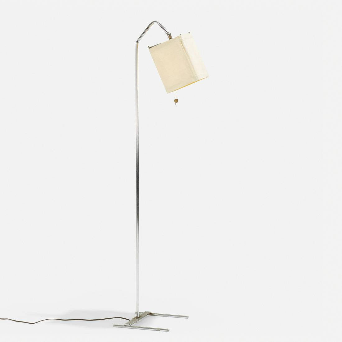 Gregory van Pelt, Wireworks floor lamp: Gregory van Pelt Wireworks floor lamp RaymorUSA, c. 1950chrome-plated steel, canvas, walnut10.75 w × 18 d × 56.5 h in (27 × 46 × 144 cm)
