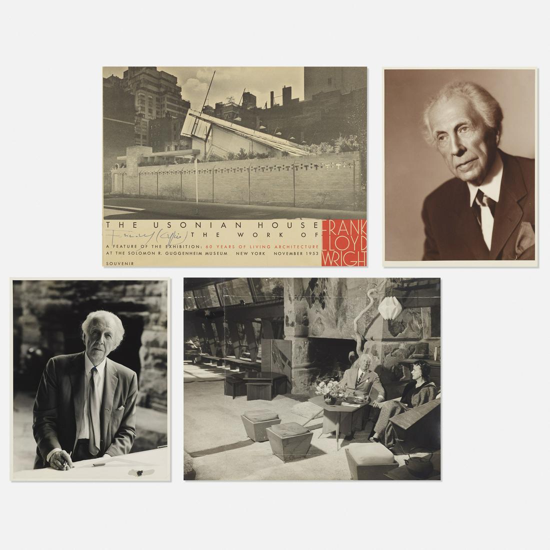 collection of Frank Lloyd Wright photographs: collection of Frank Lloyd Wright photographs USA, 1953gelatin silver print, offset color lithograph, platinum/palladium print14 h × 11 w in (36 × 28 cm) Lot includes two portraits of Frank