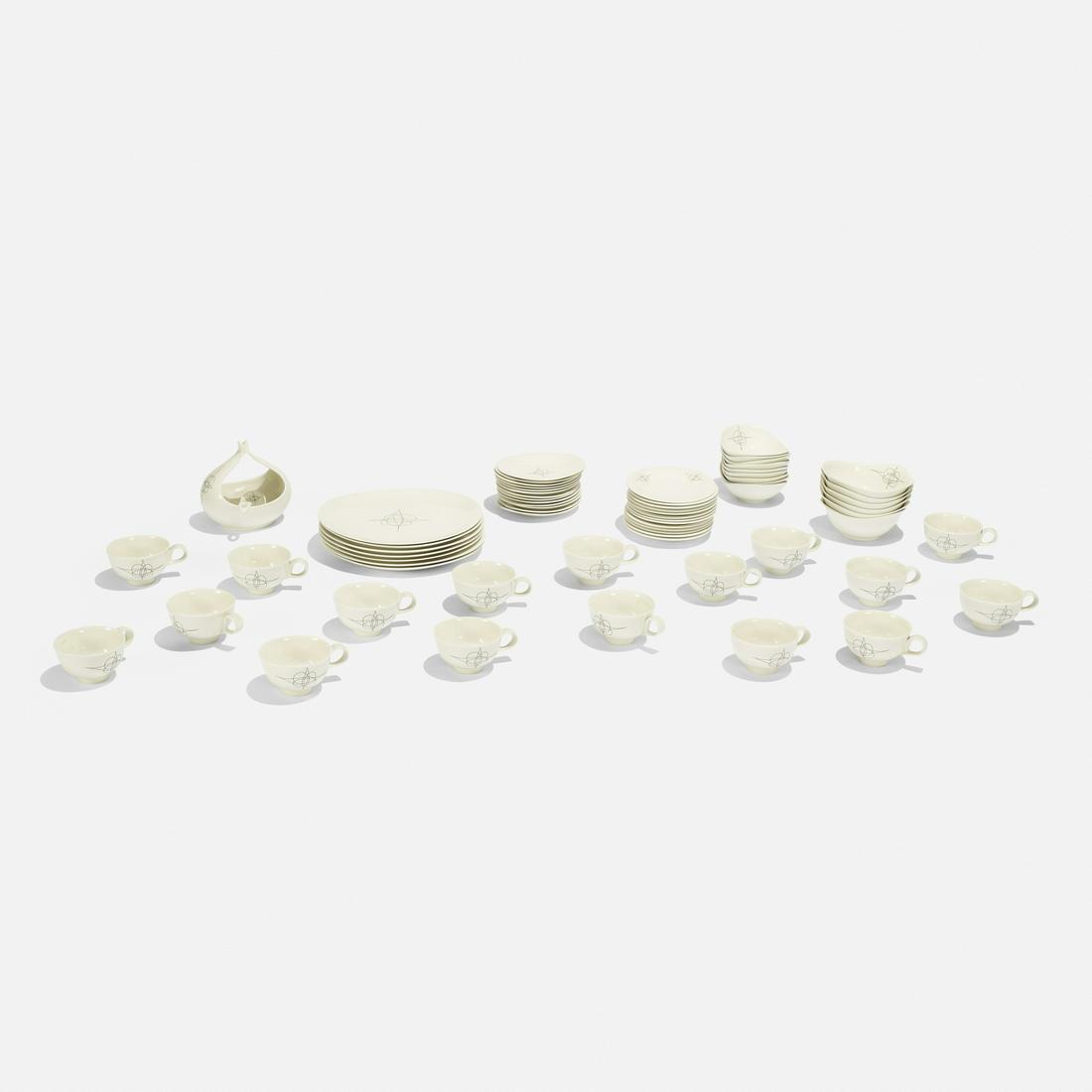 Eva Zeisel, Fantasy tableware: Eva Zeisel Fantasy tableware Hall China CompanyHungary / USA, c. 1950glazed porcelain Collection includes seventeen cups, nine bowls, thirteen plates, six bowls, thirteen saucers, seven plates, a