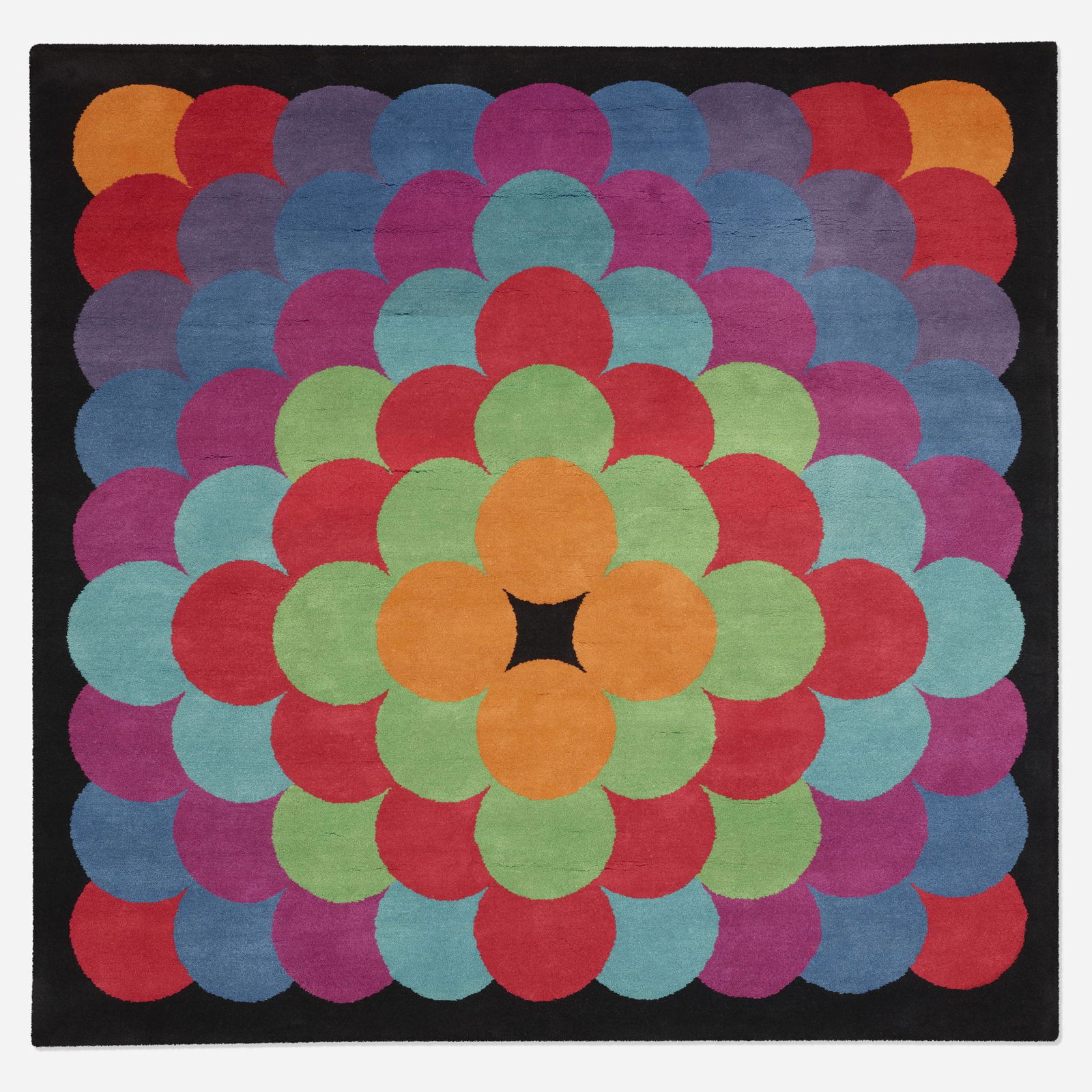 Herbert Bayer, tapestry from ARCO Headquarters: Herbert Bayer tapestry from the Atlantic Richfield Oil Corporation (ARCO) Headquarters Austria, 1975hand-knotted wool78 w × 78 d in (198 × 198 cm) Woven signature to reverse 'Bayer ©'