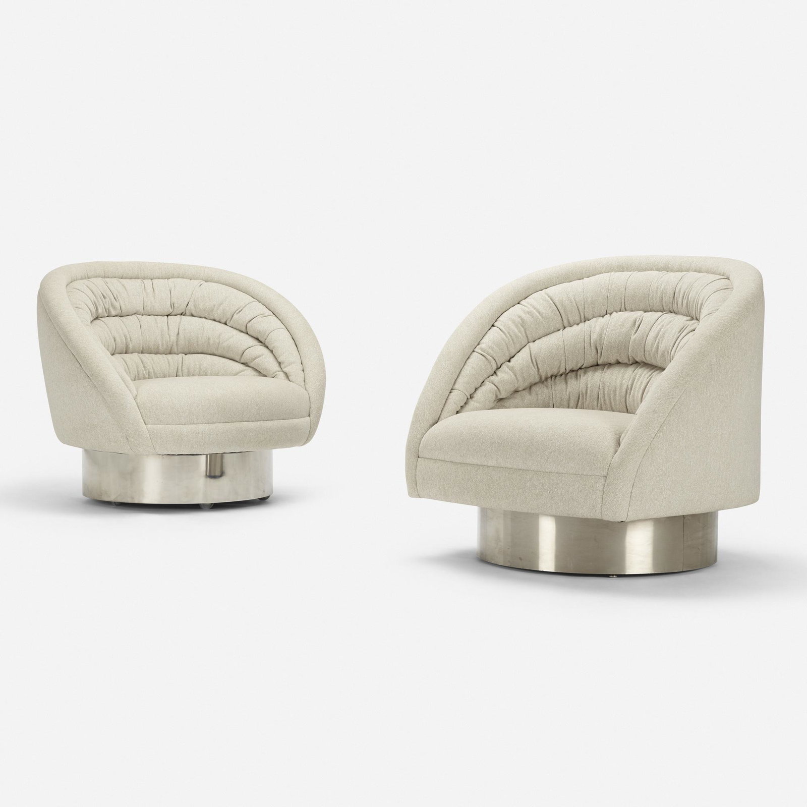 Vladimir Kagan, Crescent chairs, set of two: Vladimir Kagan Crescent chairs, set of two Vladimir Kagan Designs, Inc. USA, c. 1970 upholstery, stainless steel 35 w × 34 d × 30 h in (89 × 86 × 76 cm) Additional example measures: 33 w x 34