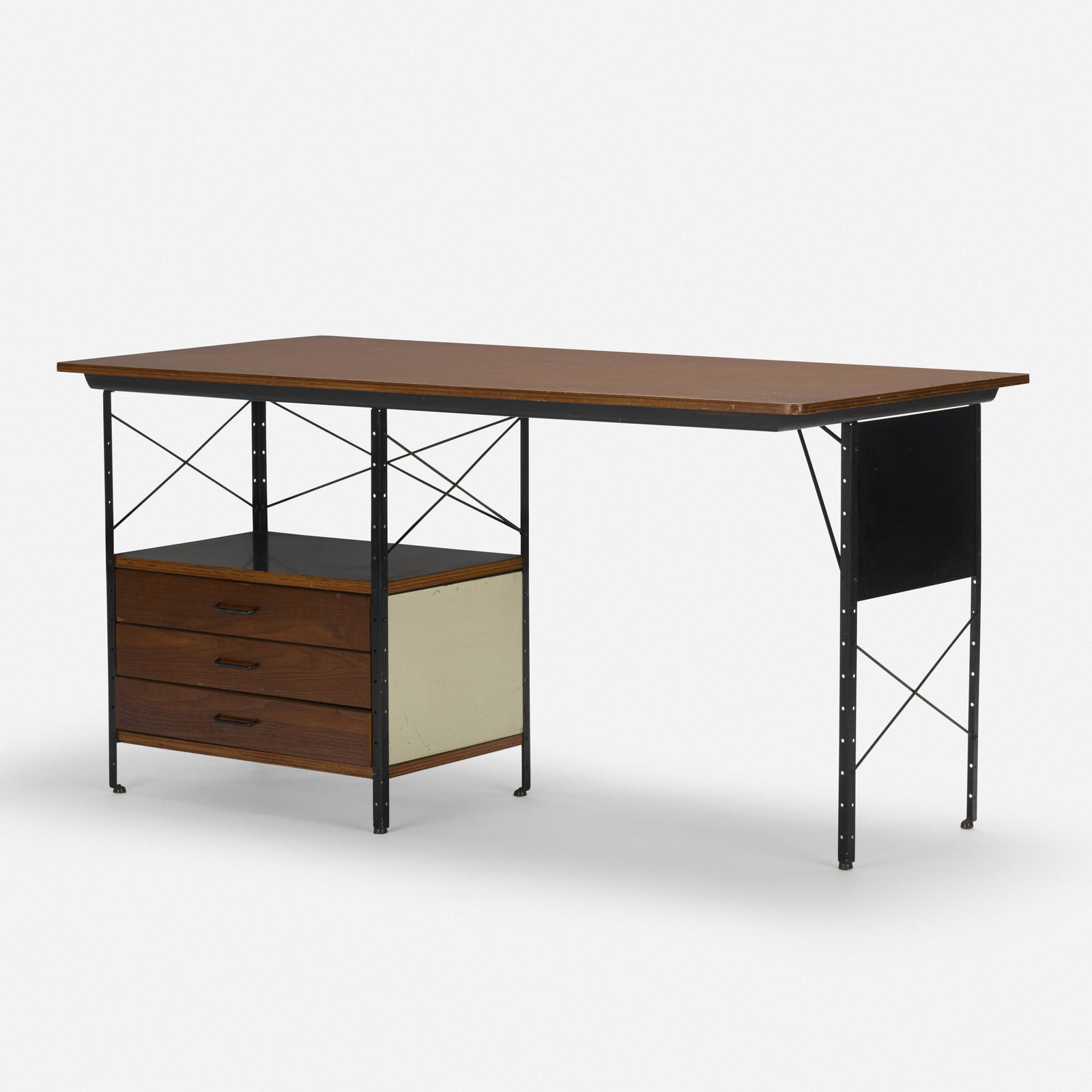 Charles and Ray Eames, ESU desk: Charles and Ray Eames ESU desk Herman Miller USA, 1950 laminated walnut, enameled steel, lacquered masonite 60 w × 27.75 d × 29.5 h in (152 × 70 × 75 cm) Desk features