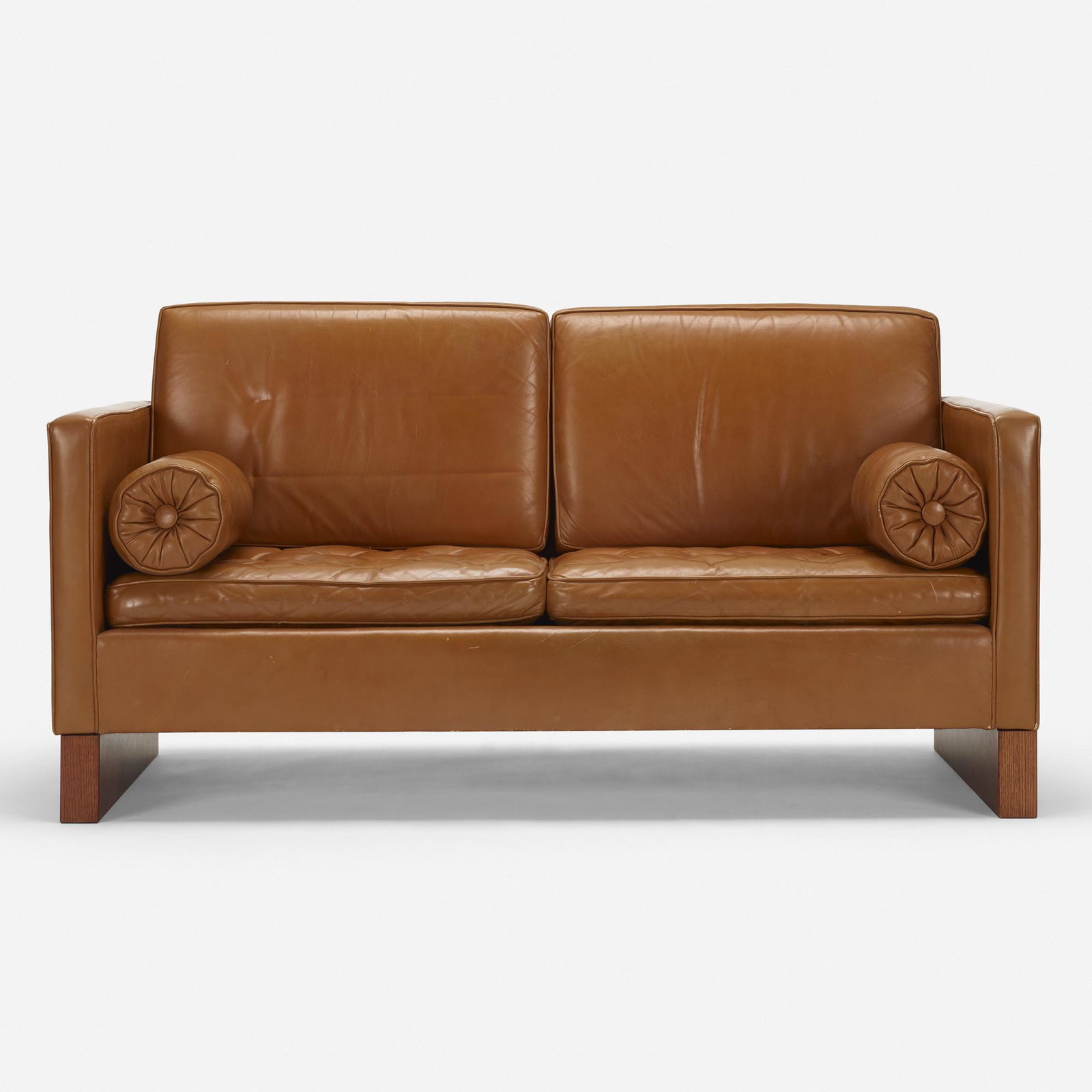 Ludwig Mies van der Rohe, settee: Ludwig Mies van der Rohe settee Knoll International Germany / USA, 1930 / c. 1965 leather, oak 62.5 w × 32 d × 32 h in (159 × 81 × 81 cm) Paper manufacturer's label to