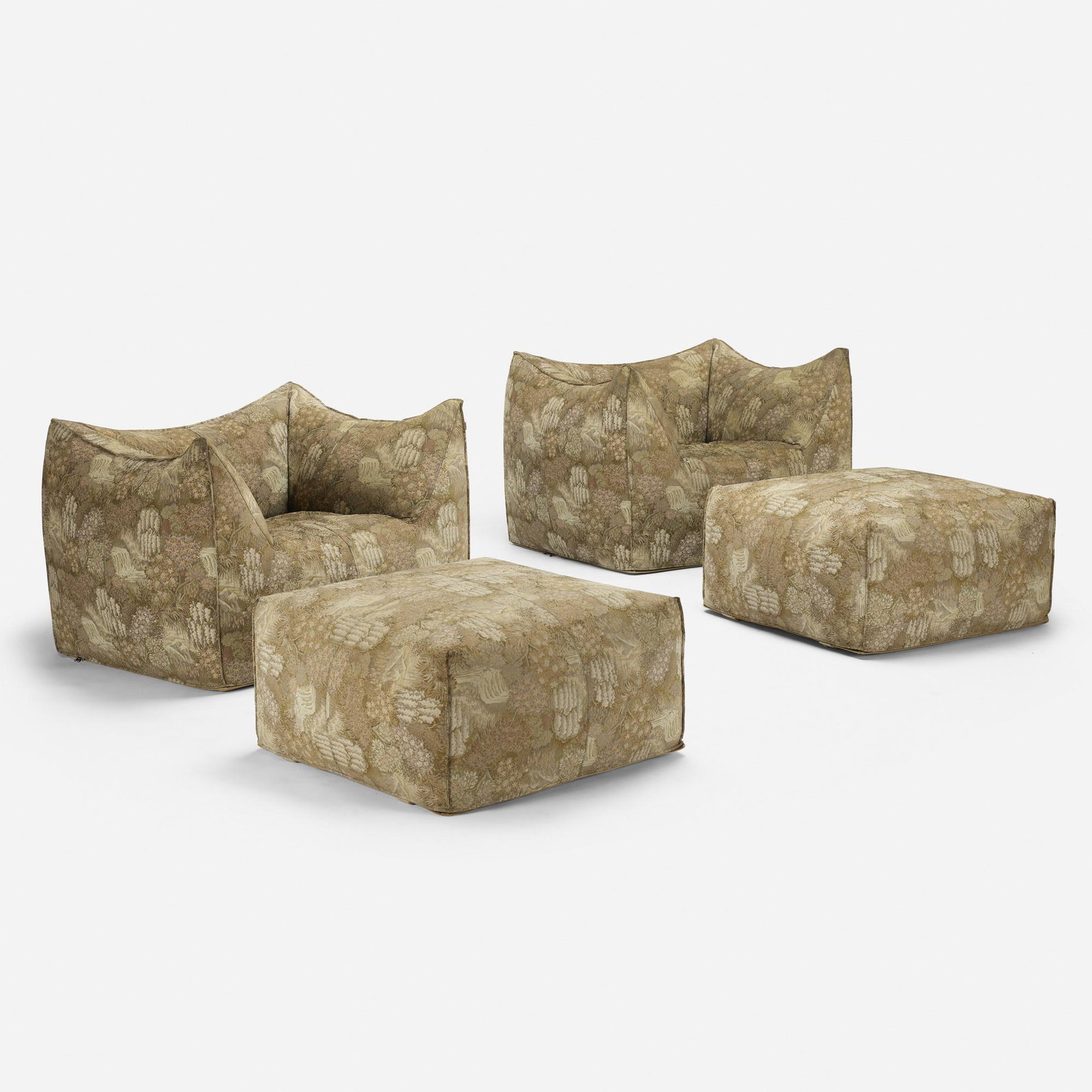 Mario Bellini, Le Bambole lounge chairs and ottomans: Mario Bellini Le Bambole lounge chairs and ottomans, pair Italy, 1972 upholstery 46 w × 35 d × 28.75 h in (117 × 89 × 73 cm) Ottomans measure: 32 w x 32 d x 17 h inches