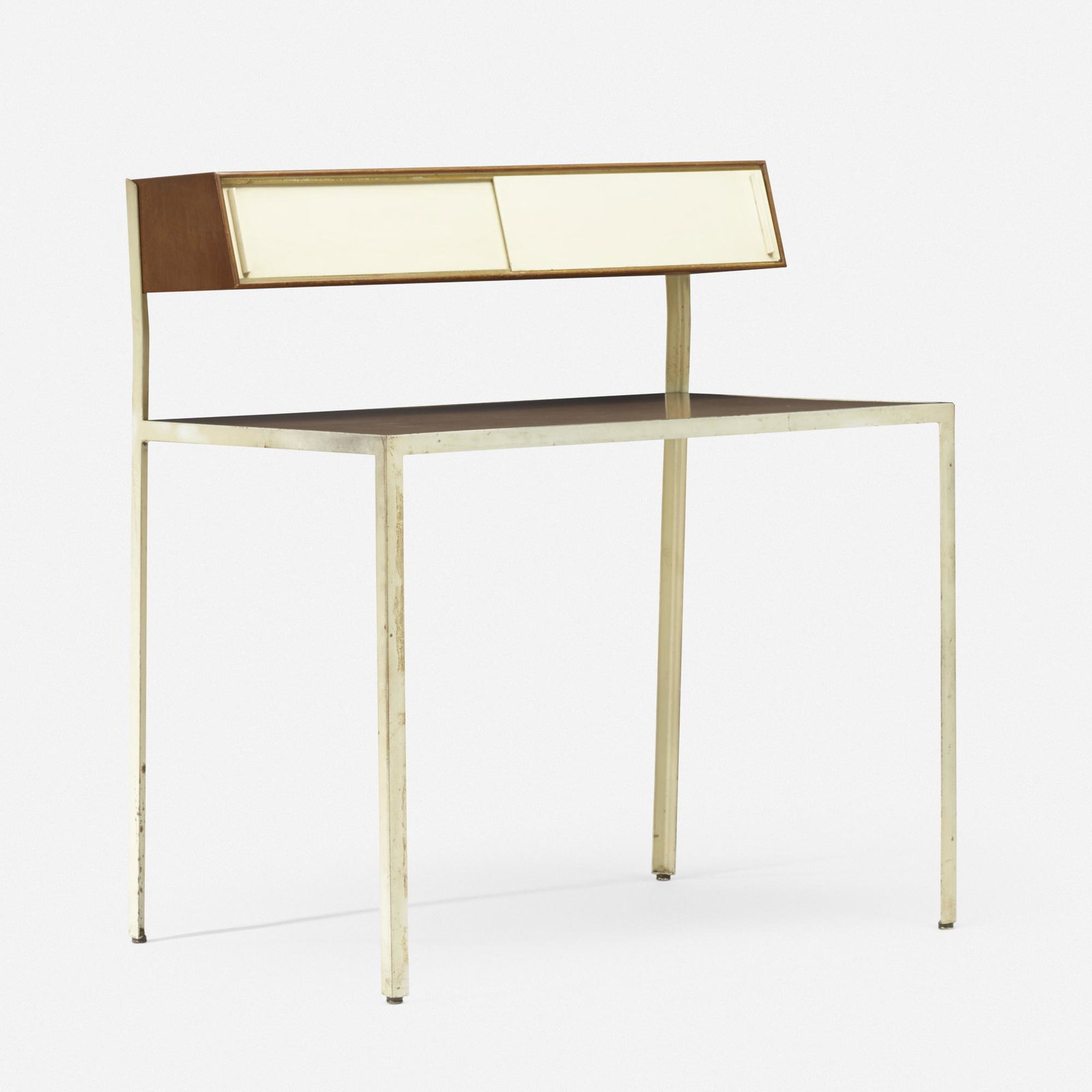 George Nelson & Associates, Rare Steelframe desk: George Nelson & Associates Rare Steelframe desk Herman Miller USA, c. 1955 enameled steel, walnut, laminate, lacquered wood 36.25 w × 25.5 d × 40.75 h in (92 × 65 × 104 cm)