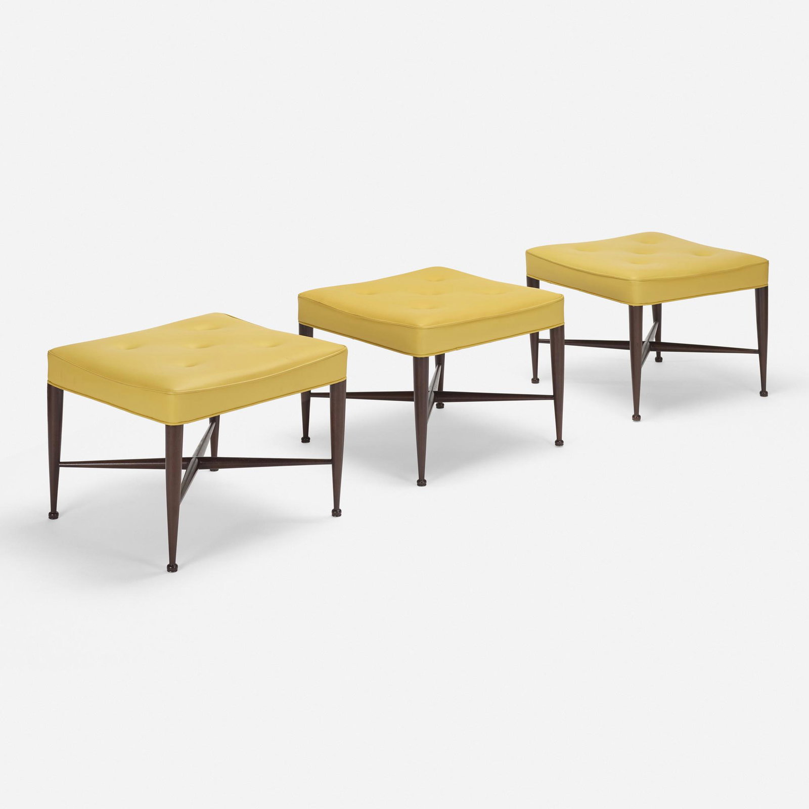 Edward Wormley, stools model 5002, set of three: Edward Wormley stools model 5002, set of three Dunbar USA, 1950 leather, mahogany 22.5 w × 22.5 d × 16.5 h in (57 × 57 × 42 cm) Literature: Dunbar: