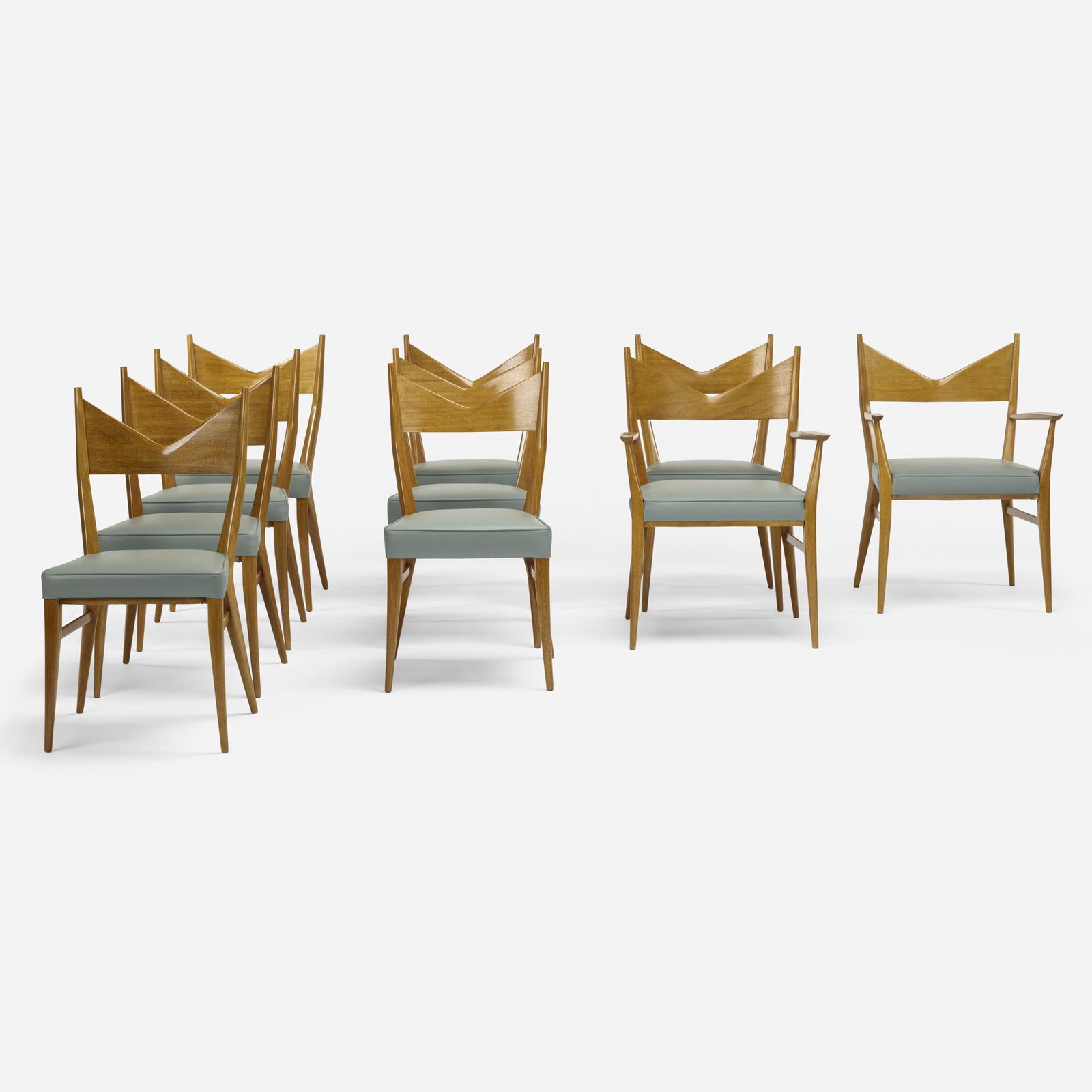 Paul McCobb, dining chairs, set of ten: Paul McCobb dining chairs, set of ten Directional USA, 1956 mahogany, leather 24.25 w × 28 d × 34 h in (62 × 71 × 86 cm) Lot includes eight dining chairs, model 1080 an