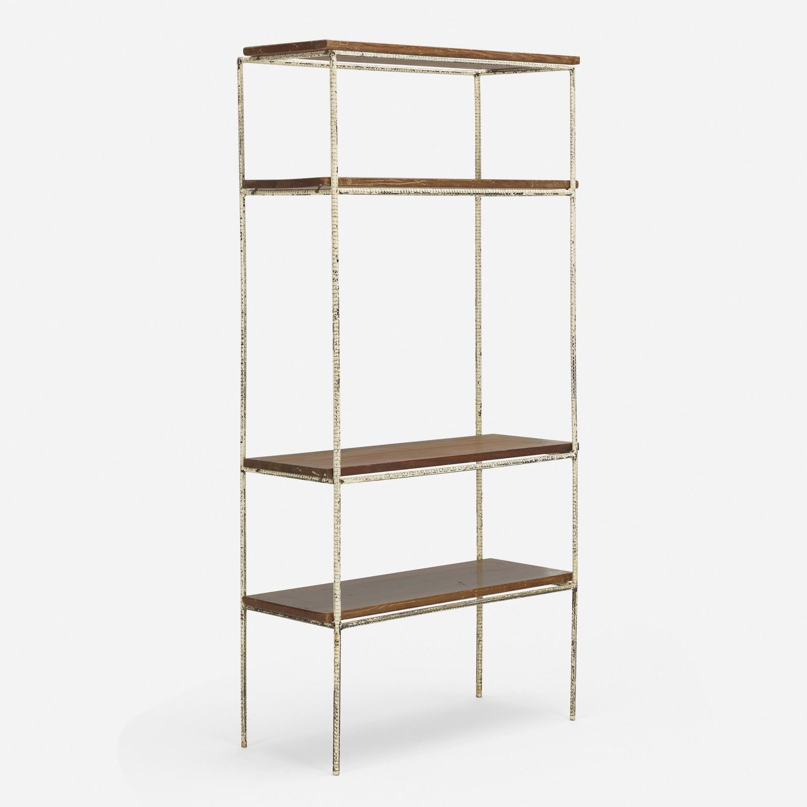 Muriel Coleman, Rare bookshelf: Muriel Coleman Rare bookshelf Pacifica Iron WorksUSA, c. 1950enameled steel, walnut30.25 w × 13 d × 61 h in (77 × 33 × 155 cm) This rare example features a white pai