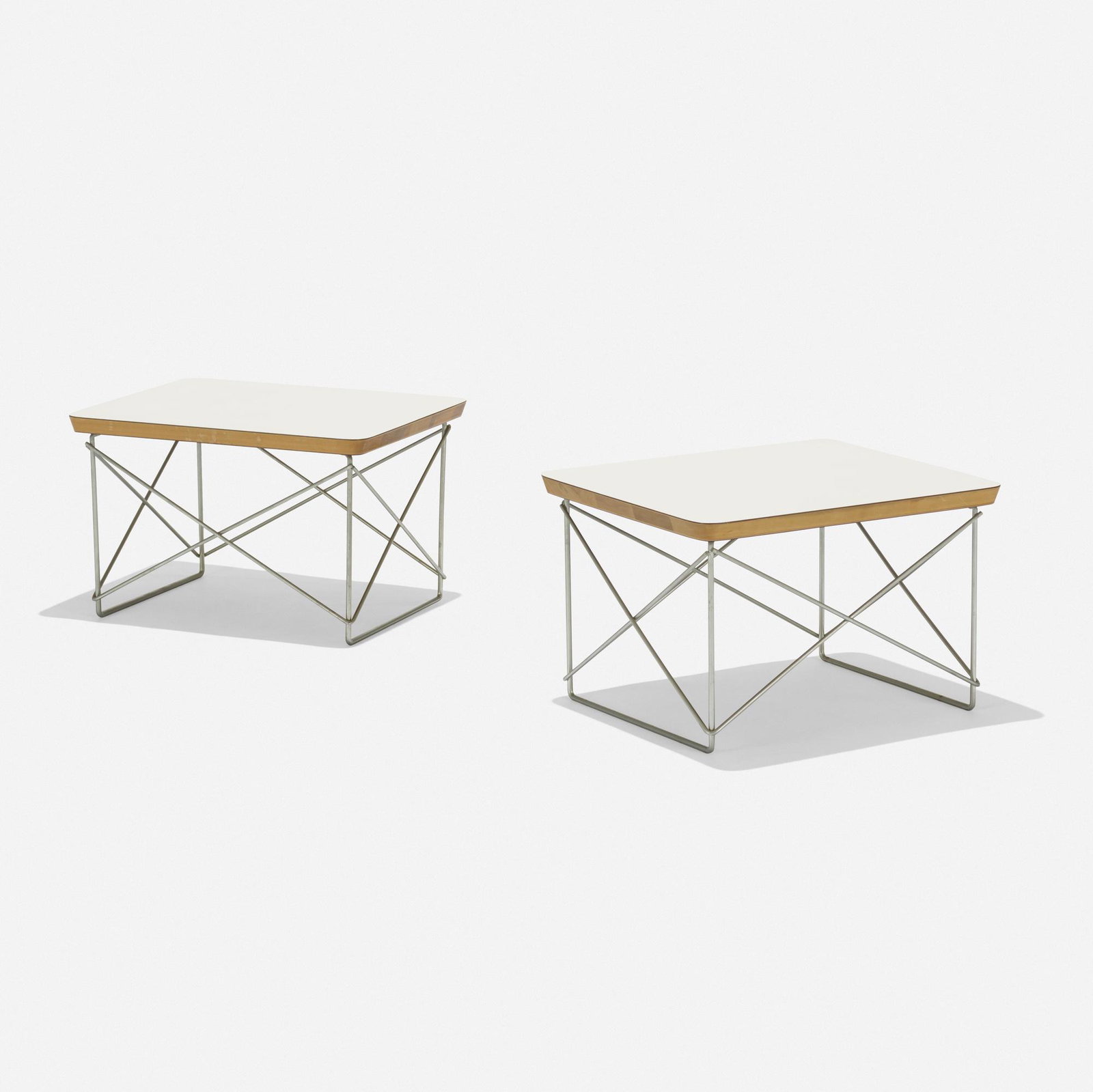 Charles and Ray Eames, LTRs, pair: Charles and Ray Eames LTRs, pair Herman Miller USA, 1950 laminate over plywood, matte chrome-plated steel 15.5 w × 13.25 d × 10 h in (39 × 34 × 25 cm) Metal disc manufa