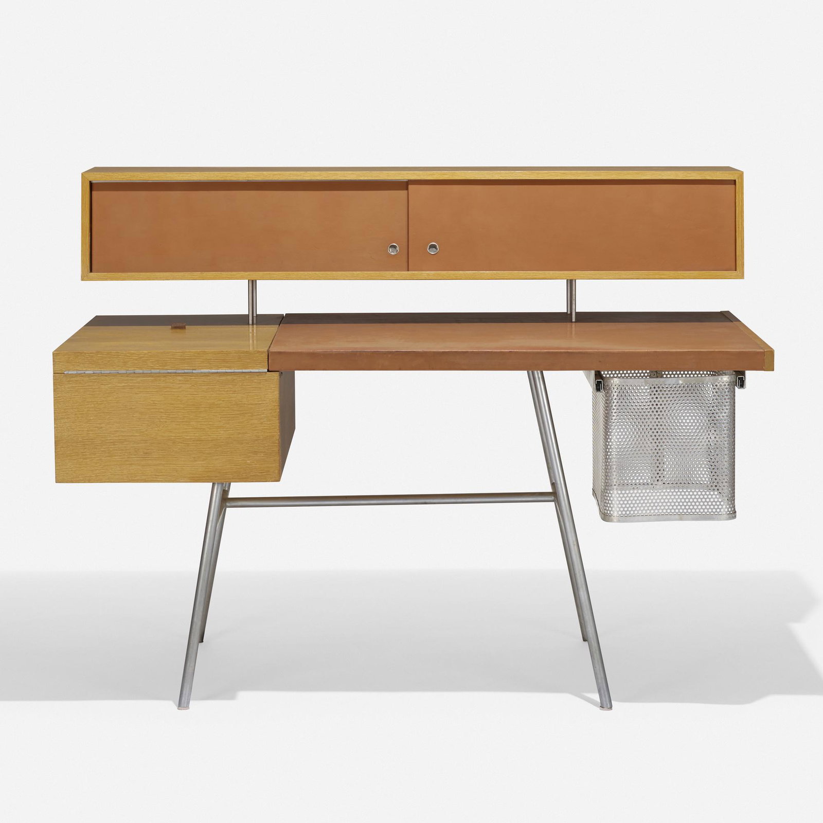George Nelson & Associates, Home Office desk: George Nelson & Associates Home Office desk, model 4658 Herman Miller USA, 1946 combed oak, chrome-plated steel, aluminum, leather 54.25 w × 28 d × 41 h in (138 × 71 × 104 cm)