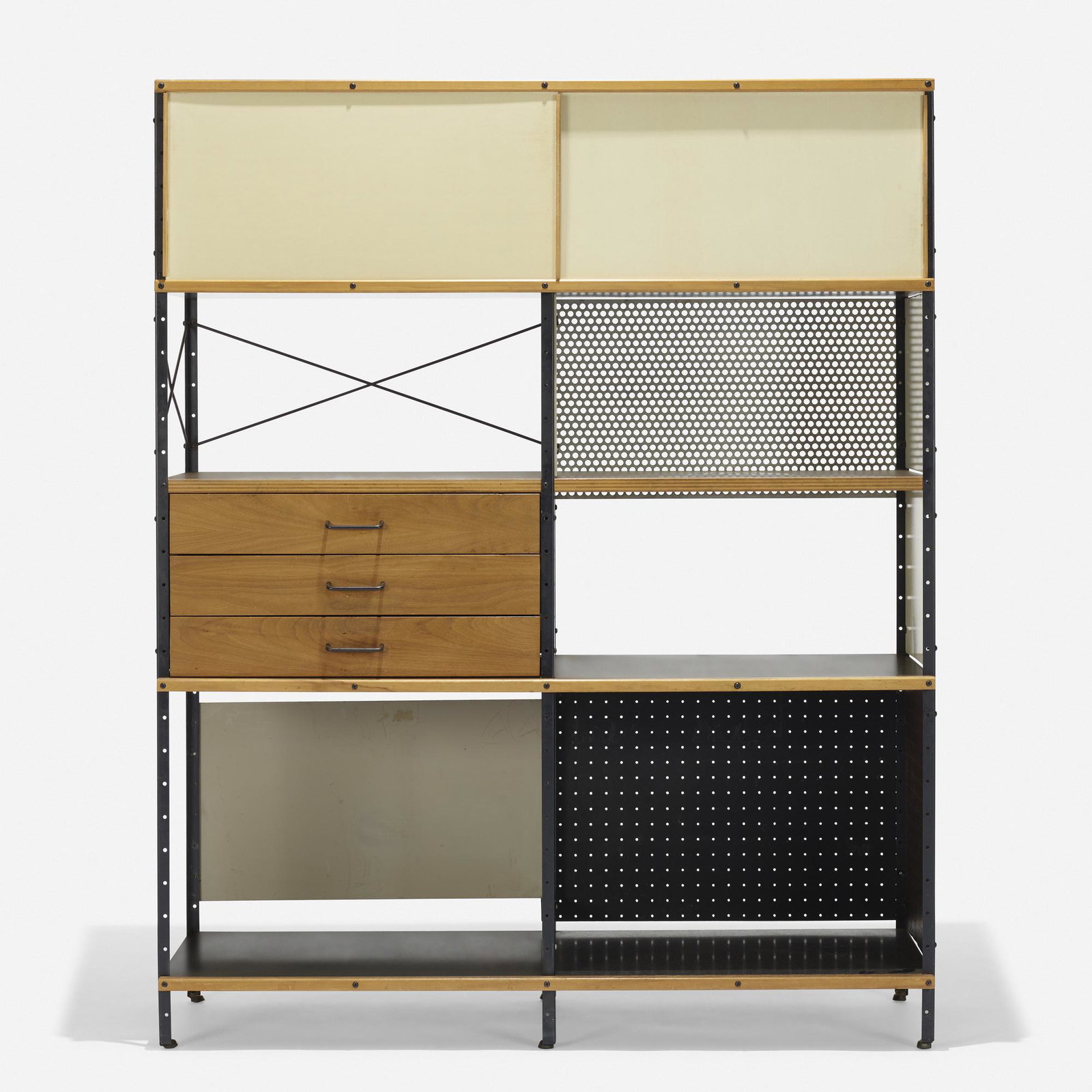 Charles and Ray Eames, ESU 400-N: Charles and Ray Eames ESU 400-N Herman Miller USA, 1950 walnut plywood, lacquered masonite, enameled steel, birch, steel, fiberglass 47 w × 17 d × 58.5 h in (119 × 43 × 149 cm