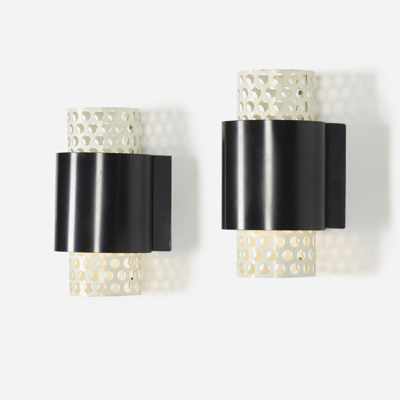 Lightolier, sconces, pair: Lightolier sconces, pair USA, c. 1955enameled aluminum5.5 w × 7 d × 11.5 h in (14 × 18 × 29 cm)