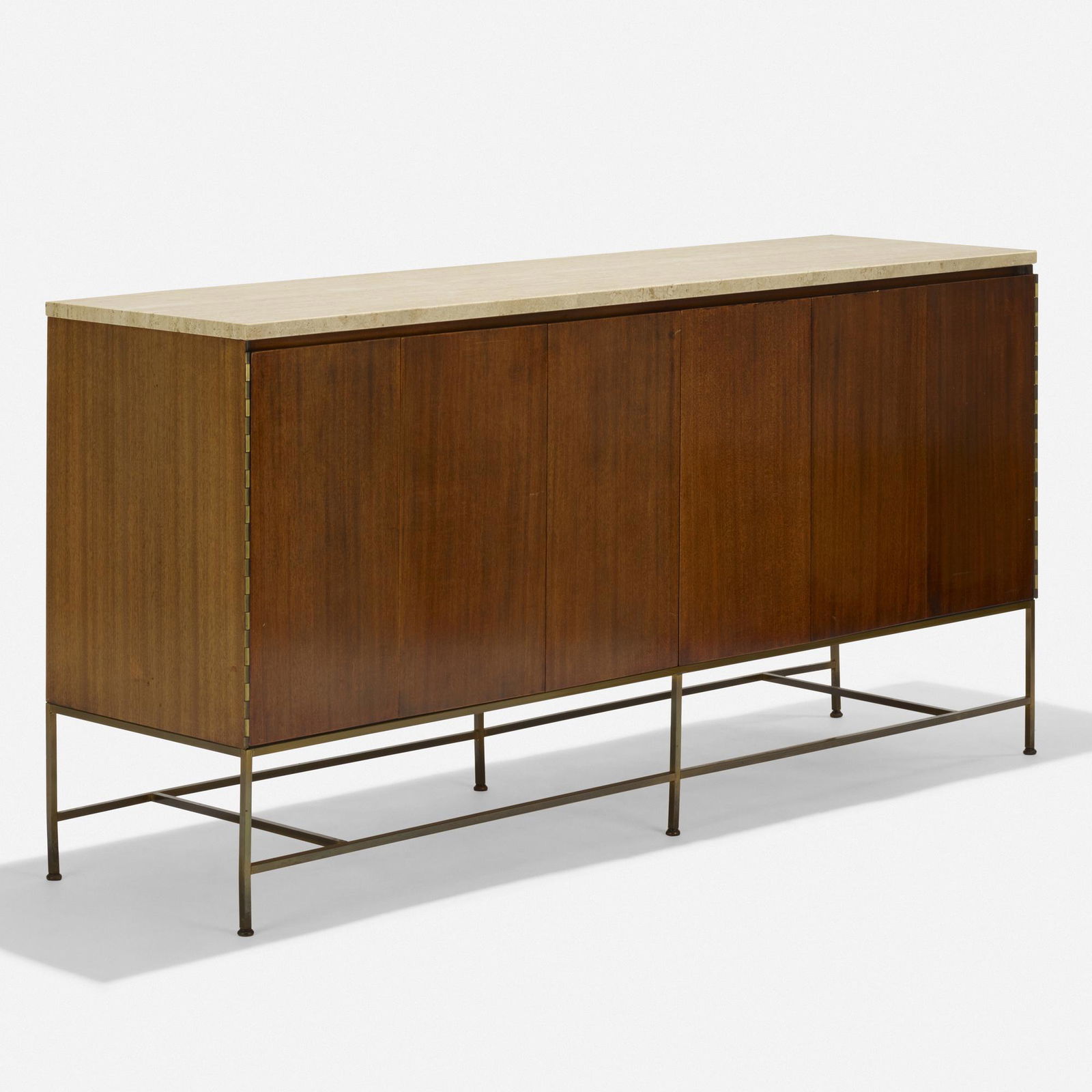 Paul McCobb, Irwin Collection cabinet, model C7306: Paul McCobb Irwin Collection cabinet, model C7306 CalvinUSA, 1952mahogany, travertine, brass71.25 w × 19 d × 34.5 h in (181 × 48 × 88 cm) Two trifold doors conceal t