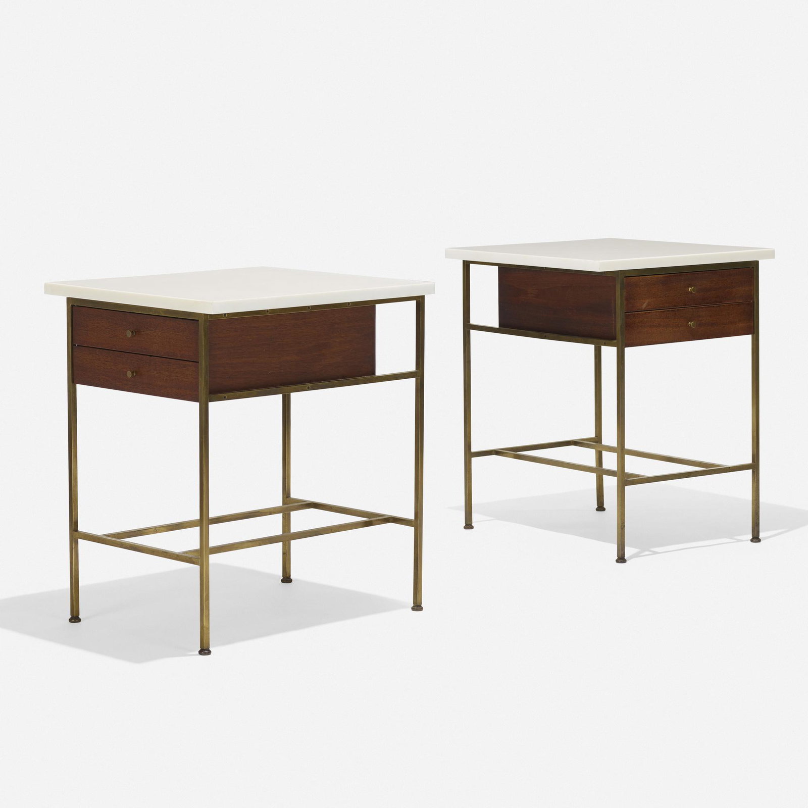 Paul McCobb, Irwin Collection nightstands, pair: Paul McCobb Irwin Collection nightstands, pair Calvin USA, c. 1958 mahogany, milk glass, brass 19.25 w × 22.5 d × 25.25 h in (49 × 57 × 64 cm) Each nighstand features t