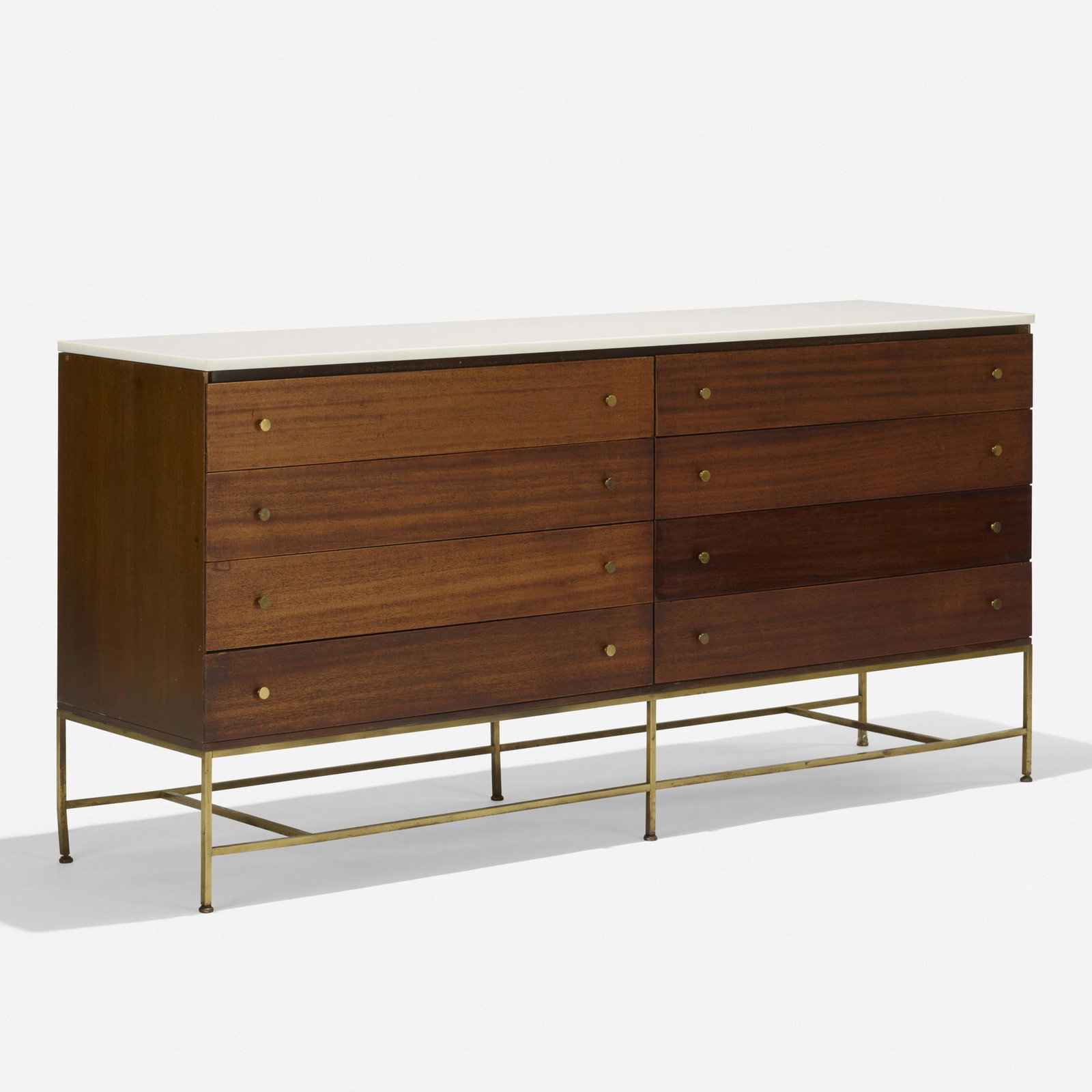 Paul McCobb, Irwin Collection cabinet, model 8206: Paul McCobb Irwin Collection cabinet, model 8206 Calvin USA, c. 1958 mahogany, milk glass, brass 71 w × 19.5 d × 34 h in (180 × 50 × 86 cm) Metal manufacturer's label t