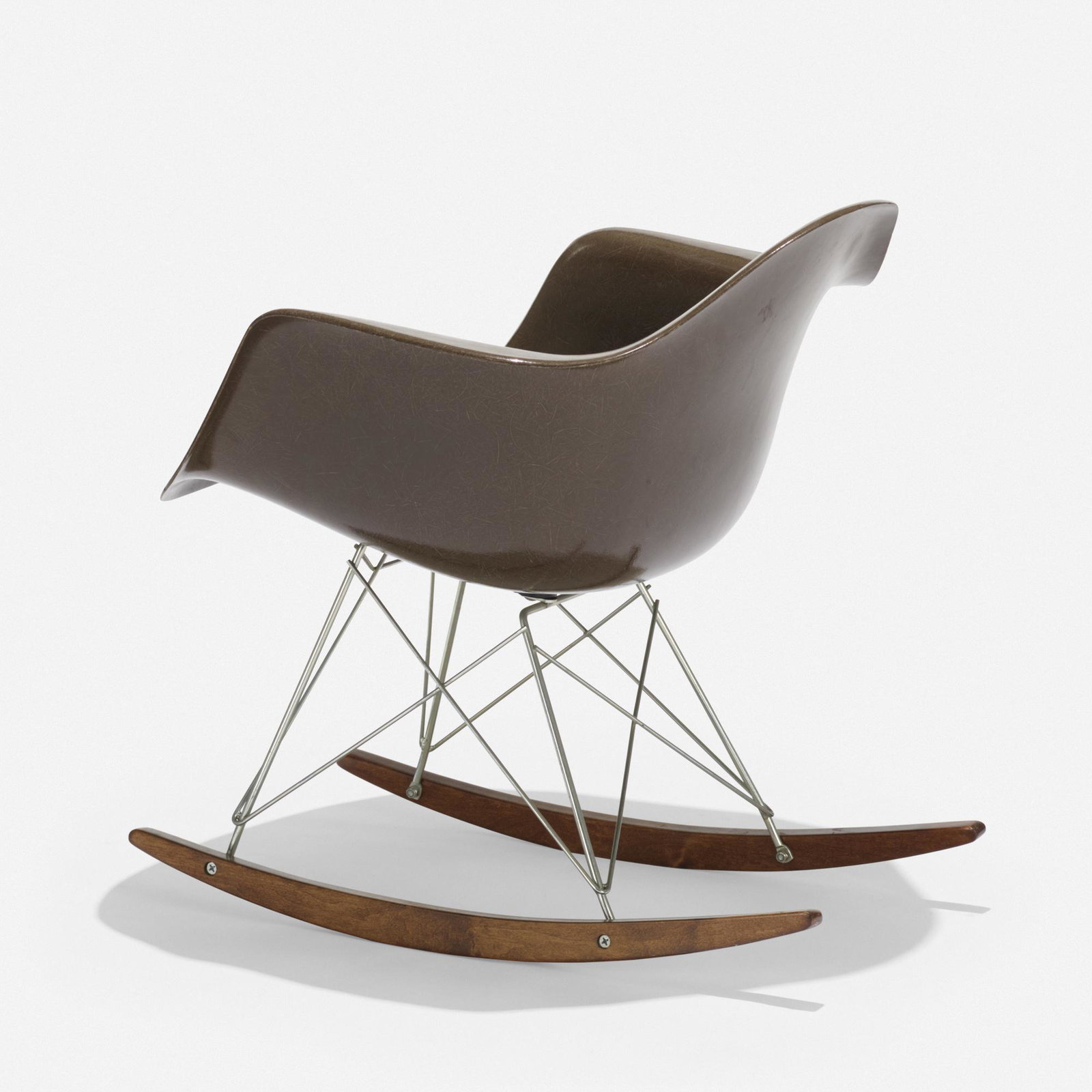 Herman Miller, rocker: Herman Miller rocker USA, 1950 / c. 1960 molded fiberglass, enameled steel, stained birch, rubber 25 w × 26 d × 26.5 h in (63 × 66 × 67 cm) Molded manufacturer's mark to und