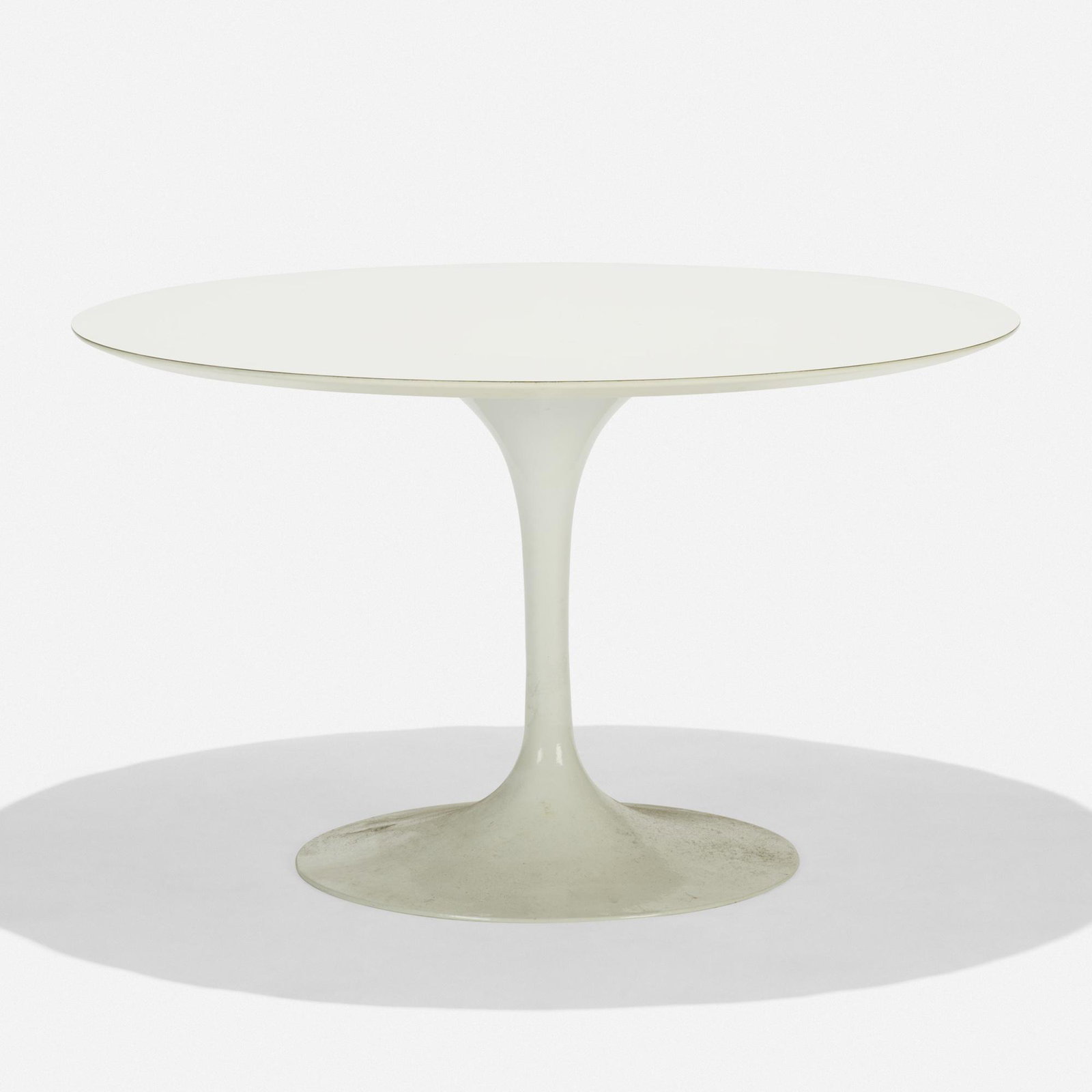 Eero Saarinen, dining table, model 173F: Eero Saarinen dining table, model 173F Knoll International USA, 1957 / c. 1965 enameled steel, laminate over lacquered wood 48 dia × 28.5 h in (122 × 72 cm) Decal manufacturer's la